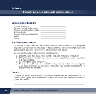 86
ANEXO 14
Formato de requerimiento de sobreseimiento
Datos de identificación:
Número de carpeta: 	 ......................................................
Nombre completo del imputado: 	 ......................................................
Nombre completo del agraviado: 	 ......................................................
Delito atribuido:	 ......................................................
Número de la disposición fiscal:	 ......................................................
Lugar:	 ......................................................
Fecha:	 ......................................................
Justificación normativa:
De acuerdo al artículo 344º del Código Procesal Penal, una vez terminada la investigación
preparatoria, el fiscal decidirá en el plazo de 15 días si formula acusación, siempre que exista
base suficiente para ello, o si requiere el sobreseimiento de la causa.
De acuerdo al inciso 2 el sobreseimiento procede cuando:
a.	 El hecho objeto de la causa no se realizó o no puede atribuírsele al imputado;
b.	 El hecho imputado no es típico o concurre una causa de justificación, de inculpabilidad
o de no punibilidad;
c.	 La acción penal se ha extinguido; y,
d.	 No existe razonablemente la posibilidad de incorporar nuevos datos a la investigación
y no haya elementos de convicción suficientes para solicitar fundadamente el
enjuiciamiento del imputado.
Hechos:
(Explique los hechos antecedentes, concomitantes y posteriores, en castellano sencillo, no
use conceptos legales. Analice también las pruebas disponibles para determinar si el hecho
ocurrió o no ocurrió)
.................................................................................................................................................
.................................................................................................................................................
Anexo 14: Formato de requerimiento de sobreseimiento
 