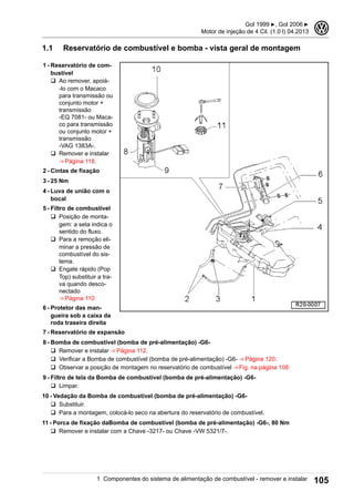 1.1 Reservatório de combustível e bomba - vista geral de montagem
1 - Reservatório de com-
bustível
q Ao remover, apoiá-
-lo com o Macaco
para transmissão ou
conjunto motor +
transmissão
-EQ 7081- ou Maca-
co para transmissão
ou conjunto motor +
transmissão
-VAG 1383A-.
q Remover e instalar
⇒ Página 118.
2 - Cintas de fixação
3 - 25 Nm
4 - Luva de união com o
bocal
5 - Filtro de combustível
q Posição de monta-
gem: a seta indica o
sentido do fluxo.
q Para a remoção eli-
minar a pressão de
combustível do sis-
tema.
q Engate rápido (Pop
Top) substituir a tra-
va quando desco-
nectado
⇒ Página 110
6 - Protetor das man-
gueira sob a caixa da
roda traseira direita
7 - Reservatório de expansão
8 - Bomba de combustível (bomba de pré-alimentação) -G6-
q Remover e instalar ⇒ Página 112.
q Verificar a Bomba de combustível (bomba de pré-alimentação) -G6- ⇒ Página 120.
q Observar a posição de montagem no reservatório de combustível ⇒ Fig. na página 108
9 - Filtro de tela da Bomba de combustível (bomba de pré-alimentação) -G6-
q Limpar.
10 - Vedação da Bomba de combustível (bomba de pré-alimentação) -G6-
q Substituir.
q Para a montagem, colocá-lo seco na abertura do reservatório de combustível.
11 - Porca de fixação daBomba de combustível (bomba de pré-alimentação) -G6-, 80 Nm
q Remover e instalar com a Chave -3217- ou Chave -VW 5321/7-.
Gol 1999 ▶, Gol 2006 ▶
Motor de injeção de 4 Cil. (1.0 l) 04.2013
3
1 Componentes do sistema de alimentação de combustível - remover e instalar 105
 