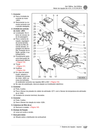 1 - Conector
q Para a Unidade de
controle do motor
-J623-.
q Desconectar ou co-
nectar somente com
a ignição desligada.
2 - Unidade de controle
do motor -J623-
q Localização: No in-
terior do veículo, la-
do do passageiro.
q Para o sistema de
injeção, regulagem
da sonda lambda,
válvula do filtro de
carvão ativado, re-
gulagem de detona-
ção, limitação da ro-
tação, ignição, e au-
todiagnóstico.
q Procedimento após
uma interrupção da
alimentação elétrica
⇒ Página 154.
q Trocar
⇒ Página 151.
q Codificar
⇒ Página 152.
q Em caso de substi-
tuição, adaptar a
Unidade de controle
do motor -J623- ao
corpo da borboleta
do acelerador somente nas injeções 4BV e 4SV ⇒ Página 154.
q No caso de substituição, deve-se adaptar ao imobilizador eletrônico:
3 - Conector
q Preto, 4 pólos.
q Para o Sensor de pressão do coletor de admissão -G71- com o Sensor de temperatura de admissão
de ar -G42-.
q Contatos do conector terminal, dourados.
4 - Conector
q Preto, 3 pólos.
q Para o Sensor de rotação do motor -G28-.
5 - Cobertura do filtro de ar
q Remover e instalar ⇒ Página 140.
6 - Grampo de fixação
q Levar em conta a versão.
7 - Guia para tubos
q Afixado sobre o distribuidor de combustível.
Gol 1999 ▶, Gol 2006 ▶
Motor de injeção de 4 Cil. (1.0 l) 04.2013
3
1 Sistema de injeção - reparar 137
 
