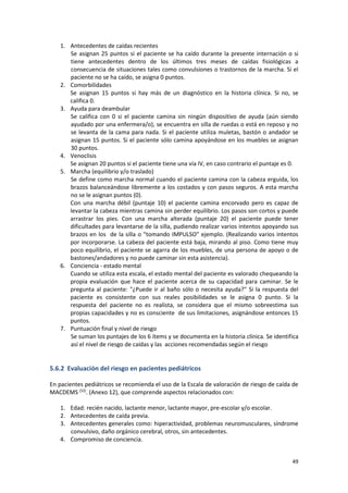 49
1. Antecedentes de caídas recientes
Se asignan 25 puntos si el paciente se ha caído durante la presente internación o si
tiene antecedentes dentro de los últimos tres meses de caídas fisiológicas a
consecuencia de situaciones tales como convulsiones o trastornos de la marcha. Si el
paciente no se ha caído, se asigna 0 puntos.
2. Comorbilidades
Se asignan 15 puntos si hay más de un diagnóstico en la historia clínica. Si no, se
califica 0.
3. Ayuda para deambular
Se califica con 0 si el paciente camina sin ningún dispositivo de ayuda (aún siendo
ayudado por una enfermera/o), se encuentra en silla de ruedas o está en reposo y no
se levanta de la cama para nada. Si el paciente utiliza muletas, bastón o andador se
asignan 15 puntos. Si el paciente sólo camina apoyándose en los muebles se asignan
30 puntos.
4. Venoclisis
Se asignan 20 puntos si el paciente tiene una vía IV, en caso contrario el puntaje es 0.
5. Marcha (equilibrio y/o traslado)
Se define como marcha normal cuando el paciente camina con la cabeza erguida, los
brazos balanceándose libremente a los costados y con pasos seguros. A esta marcha
no se le asignan puntos (0).
Con una marcha débil (puntaje 10) el paciente camina encorvado pero es capaz de
levantar la cabeza mientras camina sin perder equilibrio. Los pasos son cortos y puede
arrastrar los pies. Con una marcha alterada (puntaje 20) el paciente puede tener
dificultades para levantarse de la silla, pudiendo realizar varios intentos apoyando sus
brazos en los de la silla o "tomando IMPULSO" ejemplo. (Realizando varios intentos
por incorporarse. La cabeza del paciente está baja, mirando al piso. Como tiene muy
poco equilibrio, el paciente se agarra de los muebles, de una persona de apoyo o de
bastones/andadores y no puede caminar sin esta asistencia).
6. Conciencia - estado mental
Cuando se utiliza esta escala, el estado mental del paciente es valorado chequeando la
propia evaluación que hace el paciente acerca de su capacidad para caminar. Se le
pregunta al paciente: "¿Puede ir al baño sólo o necesita ayuda?" Si la respuesta del
paciente es consistente con sus reales posibilidades se le asigna 0 punto. Si la
respuesta del paciente no es realista, se considera que el mismo sobreestima sus
propias capacidades y no es consciente de sus limitaciones, asignándose entonces 15
puntos.
7. Puntuación final y nivel de riesgo
Se suman los puntajes de los 6 ítems y se documenta en la historia clínica. Se identifica
así el nivel de riesgo de caídas y las acciones recomendadas según el riesgo
5.6.2 Evaluación del riesgo en pacientes pediátricos
En pacientes pediátricos se recomienda el uso de la Escala de valoración de riesgo de caída de
MACDEMS (52)
. (Anexo 12), que comprende aspectos relacionados con:
1. Edad: recién nacido, lactante menor, lactante mayor, pre-escolar y/o escolar.
2. Antecedentes de caída previa.
3. Antecedentes generales como: hiperactividad, problemas neuromusculares, síndrome
convulsivo, daño orgánico cerebral, otros, sin antecedentes.
4. Compromiso de conciencia.
 