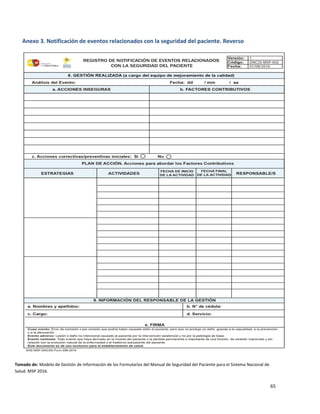 65
Anexo 3. Notificación de eventos relacionados con la seguridad del paciente. Reverso
Tomado de: Modelo de Gestión de Información de los Formularios del Manual de Seguridad del Paciente para el Sistema Nacional de
Salud. MSP 2016.
 
