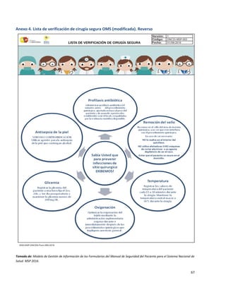 67
Anexo 4. Lista de verificación de cirugía segura OMS (modificada). Reverso
Tomado de: Modelo de Gestión de Información de los Formularios del Manual de Seguridad del Paciente para el Sistema Nacional de
Salud. MSP 2016.
 