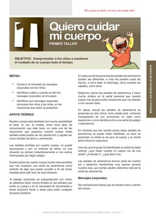 < Manual de Talleres de Conductas de Autoprotección para Niños y Niñas - Pag. 35 >
“Mi cuerpo es lindo, es mío y de nadie más”
Encadaunadelaspersonaslasseñalesdeadvertencia
pueden ser diferentes, a unos les pueden sudar las
manos, a otros doler el estómago, otros erizarse los
cabellos, entre otros.
Debemos valorar las señales de advertencia y hacer
mucho énfasis en la señal personal que nuestro
cuerpo nos da para evitar situaciones que nos afecten
o nos causen daño.
En abuso sexual las señales de advertencia se
presentan en el/a niño/a, como él/ella está sufriendo
manipulación de sus emociones no sabe cómo
reaccionar o no la identifica como una señal de peligro
o advertencia.
En niños/as que han sufrido abuso estas señales de
advertencia se puede haber debilitado, es decir se
presentan, la señal se da pero el cuerpo y la mente
del/a niño/a no reacciona.
Una vez que el grupo ha identificado su señal se debe
reforzar ¿qué hacer cuando mi cuerpo me da una
señal? ¿A dónde ir?, ¿qué decir? etc.
Las señales de advertencia forman parte de nuestro
ser y debemos mantenerlas muy activas durante
nuestra vida, aun siendo adultos debemos reforzar la
señal de advertencia.
Mensajes corporales:
Son sensaciones físicas que se sienten fuera y dentro
del cuerpo.
METAS:
•	 Construir el concepto de mensajes
corporales con los niños.
•	 Identificar cuáles y cuando se dan los
mensajes corporales en el cuerpo.
•	 Identificar que mensajes corporales
reconocen los niños y las niñas, en las
situaciones que estos se presentan.
APOYO TEÓRICO
Nuestro cuerpo está diseñado con mucha sensibilidad
al tacto, la voz, la mirada, entre otros tipos de
comunicación que este tiene, en cada una de las
situaciones que pasamos nuestro cuerpo emite
señales estas puede ser de satisfacción y agrado así
como señales de temor y sufrimiento.
Las señales emitidas por nuestro cuerpo, no puede
equivocarse y son un síntoma de alerta, en una
situación se activan instantáneamente si nos vemos
amenazados por algún peligro.
Existen partes de nuestro cuerpo mucho más sensibles
que nos muestran una señal de advertencia como
símbolo de algo que puede suceder a fin de tomar
medidas para salir bien de esta situación.
Al trabajar conductas de autoprotección con niños/
as debemos hacer mucho énfasis en las señales que
emite su cuerpo y en la necesidad de escucharlas y
tomar acciones frente a estas para evitar cualquier
situación posterior.
MÓDULO4:LASSEÑALESDEMICUERPO
1OBJETIVO: Comprometer a los niños a mantener
el cuidado de su cuerpo todo el tiempo.
PRIMER TALLER
micuerpo
Quierocuidar
 