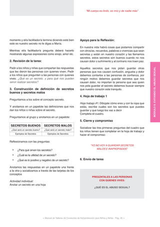 < Manual de Talleres de Conductas de Autoprotección para Niños y Niñas - Pag. 45 >
AUTOPROTECCIÓN
“Mi cuerpo es lindo, es mío y de nadie más”
Apoyo para la Reflexión:
En nuestra vida habrá cosas que podamos compartir
con otros/as, recuerdos, palabras o vivencias que sean
secretas y están en nuestro corazón y las llamamos
secretos, estos secretos son buenos cuando no nos
causan dolor o sufrimiento y al contrario nos traen paz.
Aquellos secretos que nos pidan guardar otras
personas que nos causen confusión, angustia y dolor
debemos contarlos a las personas de confianza, por
ningún motivo debemos guardar secretos que nos
causan dolor, no importan la persona que sea quien
nos pida guardar el secreto debemos buscar siempre
que nuestro corazón este tranquilo.
4. Hoja de trabajo 1
Hoja trabajo #1: Dibújate cómo eres y con la ropa que
estás, escribe cuales son los secretos que puedes
guardar y que luego los vas a decir
Completa el cuadro.
5. Cierre y compromiso
Socializar las tres primeras preguntas del cuadro que
los niños tienen que completar en la hoja de trabajo y
hacer el compromiso:
“YO NO VOY A GUARDAR SECRETOS
MALOS E INAPROPIADOS”
6. Envío de tarea
PREGÚNTALES A LAS PERSONAS
CON QUIENES VIVES:
¿QUÉ ES EL ABUSO SEXUAL?
momento y el/a facilitador/a termina diciendo está bien
este es nuestro secreto no le digas a María.
Mientras el/a facilitador/a pregunta deberá hacerlo
mostrando algunas expresiones como enojo, amor etc.
2. Revisión de la tarea:
Pedir a los niños y niñas que compartan las respuestas
que les dieron las personas con quienes viven. Pedir
a los niños que pregunten a las personas con quienes
vives: ¿Qué es un secreto, y para qué nos pueden
servir realizar secretos?
3. Construcción de definición de secretos
buenos y secretos malos
Preguntamos a los sobre el concepto secreto.
Y anotamos en un papelote las definiciones que nos
dan los niños o niñas sobre el secreto.
Preguntamos al grupo y anotamos en un papelote:
Reflexionamos con las preguntas:
•	 ¿Para qué sirven los secretos?
•	 ¿Cuál es la utilidad de un secreto?
•	 ¿Qué es lo positivo y negativo de un secreto?
Anotamos las respuestas en un papelote una frente
a la otra y socializamos a través de las tarjetas de los
conceptos
Actividad individual:
Anotar un secreto en una hoja
SECRETOS BUENOS
¿Qué será un secreto bueno?
Ejemplos de Secretos Ejemplos de Secretos
¿Qué será un secreto malo?
SECRETOS MALOS
MÓDULO6:EVITANDOELABUSOSEXUAL
 