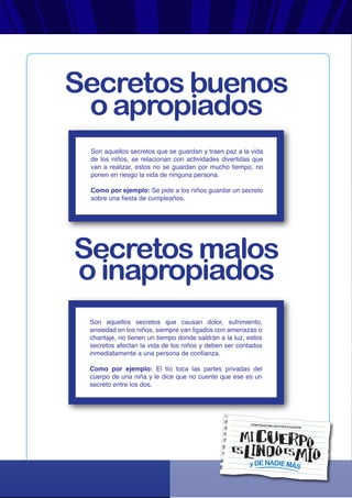 yDENADIEMÁS
CORPORACIÓN GESTIÓN ECUADOR
Son aquellos secretos que se guardan y traen paz a la vida
de los niños, se relacionan con actividades divertidas que
van a realizar, estos no se guardan por mucho tiempo, no
ponen en riesgo la vida de ninguna persona.
Como por ejemplo: Se pide a los niños guardar un secreto
sobre una fiesta de cumpleaños.
Son aquellos secretos que causan dolor, sufrimiento,
ansiedad en los niños, siempre van ligados con amenazas o
chantaje, no tienen un tiempo donde saldrán a la luz, estos
secretos afectan la vida de los niños y deben ser contados
inmediatamente a una persona de confianza.
Como por ejemplo: El tío toca las partes privadas del
cuerpo de una niña y le dice que no cuente que ese es un
secreto entre los dos.
Secretos buenos
o apropiados
Secretos malos
o inapropiados
 