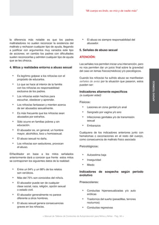 < Manual de Talleres de Conductas de Autoprotección para Niños y Niñas - Pag. 58 >
“Mi cuerpo es lindo, es mío y de nadie más”
APOYOTEÓRICO
•	 El abuso es siempre responsabilidad del
abusador.
5. Señales de abuso sexual
ATENCIÓN:
Las señales nos permiten iniciar una intervención, pero
no nos permiten dar un juicio final sobre la gravedad
del caso en temas físicos(médicos) y/o psicológicos.
Cuando los niños/as ha sufrido abuso se manifiestan
señales de aviso por la situación que pasaron, estos
pueden ser:
Indicadores altamente específicos
(a cualquier edad)
Físicos:
•	 Lesiones en zona genital y/o anal
•	 Sangrado por vagina y/o ano
•	 Infecciones genitales y/o de transmisión
sexual
•	 Embarazos
Cualquiera de los indicadores anteriores junto con
hematomas o excoriaciones en el resto del cuerpo,
como consecuencia de maltrato físico asociado
Psicológicos:
•	 Autoestima baja
•	 Inseguridad
•	 Miedo
Indicadores de sospecha según periodo
evolutivo
Preescolares:
•	 Conductas hipersexualizadas y/o auto
eróticas
•	 Trastornos del sueño (pesadillas, terrores
nocturnos)
•	 Conductas regresivas
la diferencia más notable es que los padres
maltratadores no suelen reconocer la existencia del
maltrato y rechazan cualquier tipo de ayuda, llegando
a justificar con argumentos muy variados este tipo
de acciones; en cambio los padres con dificultades
suelen reconocerlas y admiten cualquier tipo de ayuda
que se les ofrezca.
4. Mitos y realidades entorno a abuso sexual
•	 Es legítimo golpear a los niños/as con el
propósito de educarlos.
•	 Lo que se hace al interior de la familia
con los niños/as es responsabilidad
exclusiva de los padres.
•	 Los niños/as están hechos para
escuchar, obedecer y aprender.
•	 Los niños/as fantasean y mienten acerca
de ser abusados sexualmente.
•	 Es más frecuente que los niños/as sean
abusados por extraños.
•	 Sólo ocurre en familias pobres y sin
educación.
•	 El abusador es, en general, un hombre
mayor, alcohólico, loco u homosexual.
•	 El abuso sexual no daña.
•	 Los niños/as son seductores, provocan
el abuso.
El/facilitador en base a los mitos señalados
anteriormente dará a conocer que frente estos mitos
se contraponen los siguientes datos de la realidad:
•	 Entre un 94% y un 98% de los relatos
son verídicos.
•	 Más del 75% son conocidos del niño/a.
•	 El abusador puede ser de cualquier
clase social, raza, religión, opción sexual
o estado civil.
•	 El abusador generalmente no parece
diferente a otros hombres.
•	 El abuso sexual genera consecuencias
graves en los niños/as.
 