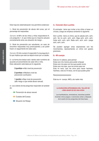 “Mi cuerpo es lindo, es mío y de nadie más”
< Manual de Talleres de Conductas de Autoprotección para Niños y Niñas - Pag. 79 >
Esta hoja de sistematización nos permitirá evidenciar:
1.- Nivel de prevención de abuso del curso, por el
porcentaje de respuestas.
Ejemplo: el 80% de los niños y niñas respondieron A,
a la pregunta 1, lo que indica que la mayoría actuaria
correctamente ante una situación de riesgo…
2.- Nivel de prevención por estudiante, en caso de
encontrar respuestas muy preocupantes y así poder
hacer un seguimiento de cada caso.
Ejemplo: El niño numero 5 respondió C a la pregunta 4,
lo que implica que este se dejaría tocar por un adulto.
3.- La forma de evaluar será dando valor numérico de
acuerdo al conocimiento de cada niño o niña.
Esta valoración está dada por lo siguiente:
3 puntos = Alto nivel de prevención
2 puntos = Mediano nivel de
prevención (confusión)
1 punto = Bajo nivel de prevención
(alto riesgo a que exista abuso sexual)
4.- Los colores de las preguntas responden al carácter
de:
	 Prevención de abuso sexual
	 Cuidado del Cuerpo
	 Situación de Riesgo
5.- Canción Don Luchito
El animador tiene que invitar a los niños a hacer un
círculo y luego se empieza cantando lo siguiente:
Don Luchito tiene un chino, que le saluda achí, achí,
achí. Se ríe achí, achí, achí. Baja achí, achí, achí.
Sube achí, achí, achí. Baila achí, achí, achí. Juega
achí, achí, achí,
Se pueden agregar otras expresiones con los
movimientos, representando un chino con gestos
graciosos.
6.- Mi cuerpo
Esta es mi cabeza, para pensar
Estas son mis manos para poder empujar
Estos son mis pies con los que puedo correr
Estos son mis ojos, que me sirven para ver
Esta mi nariz, que me sirve para hacer hachees,
hachees, esta es mi boca, con la que puedo gritar
Noooooooooooooooooo
Este es mi cuerpo, MIO y de nadie más
LA DURACIÓN APROXIMADA DEL TALLER DE
LÍNEA BASE ES DE UNA HORA
Los facilitadores, animadores, docentes podrán
inventar otros juegos o canciones antes y después
de la parte de las preguntas de línea base.
LÍNEABASENIÑOS
 