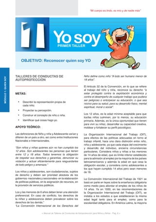 “Mi cuerpo es lindo, es mío y de nadie más”
< Manual de Talleres de Conductas de Autoprotección para Niños y Niñas - Pag. 8 >
MÓDULO1:QUIENSOY
TALLERES DE CONDUCTAS DE
AUTOPROTECCIÓN
METAS:
•	 Describir la representación propia de
cada niño.
•	 Proyectar su percepción.
•	 Construir el concepto de niño o niña.
•	 Identificar qué cosas hago yo.
APOYO TEÓRICO:
Las definiciones de Niño y niña y Adolescente varían y
difieren de un país a otro, así como entre Instituciones
Nacionales e Internacionales.
“Son niños y niñas quienes aún no han cumplido los
12 años. Son adolescentes las personas que tienen
entre 12 y 18 años. Todos tenemos la obligación
de respetar sus derechos y garantías, denunciar su
violación y actuar eficientemente para resguardarles
de todo peligro y amenaza.”
Los niños y adolescentes, son ciudadanos/as, sujetos
de derecho y deben ser prioridad absoluta de los
gobiernos -nacionales y seccionales- en la elaboración
de políticas públicas, en la asignación de recursos, en
la provisión de servicios públicos.
Los y las menores de 6 años deben tener una atención
preferencial. En caso de conflicto, los derechos de
la niñez y adolescencia deben prevalecer sobre los
derechos de los demás.”
“La Convención Internacional de los Derechos del
Niño define como niño “A todo ser humano menor de
18 años”.
El Articulo 32 de la Convención, en lo que se refiere
al trabajo del niño y niña, reconoce su derecho “a
estar protegido contra la explotación económica y
contra el desempeño de cualquier trabajo que pudiera
ser peligroso o entorpecer su educación, o que sea
nocivo para su salud, para su desarrollo físico, mental
espiritual, moral o social”.
Los 12 años, es la edad mínima aceptable para que
los/las niños culminen, por lo menos, su educación
primaria. Además, es la única oportunidad que tienen
para vivir su niñez, desarrollar su capacidad creativa,
moldear y fortalecer su perfil psicológico.
La Organización Internacional del Trabajo (OIT),
para efectos de las políticas adecuadas en torno al
trabajo infantil, hace una clara distinción entre niño,
niña y adolescente, ya que cada etapa del crecimiento
y desarrollo del individuo, encierra circunstancias
particulares. Considera niños y niñas a los menores
de 14 años de edad, que es límite inferior establecido
para la admisión al empleo por la mayoría de los países
latinoamericanos y además la edad en que cesa la
obligación escolar, y considera como adolescentes a
los que hayan cumplido 14 años pero sean menores
de 18.
La Convención Internacional del Trabajo de 1921 se
basó en parte en leyes sobre la enseñanza obligatoria
como medio para abordar el empleo de los niños de
14 años. Ya en 1930, en las recomendaciones de
la Organización Internacional del Trabajo (OIT), se
instaba a los estados a que establecieran la misma
edad legal tanto para el empleo, como para la
escolaridad obligatoria. En América Latina, la mayoría
1OBJETIVO: Reconocer quien soy YO
PRIMER TALLER
Yosoy
 