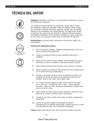 EstrategiasPNL.com
106
Quitar dolores
Objetivo: aprender a disminuir o quitar dolores mediante un proce-
so mental con imágenes.
La intención de este ejercicio es ayudarte a quitar algún males-
tar, molestia o dolor, por ejemplo: dolor de cabeza, cuello, espal-
da, muscular, irritación del colon, gastritis, acidez, etc. Es posible
hacerlo y los resultados son sorprendentes. Es importante repetir
el ejercicio las veces que sea necesario. Algunas personas logran
resultados inmediatos, otras requieren hacerlo en varias ocasiones.
Es muy fácil y se requiere, sobre todo, la intención de lograrlo.
Variaciones: se puede hacer variaciones al ejercicio, según sus
necesidades.
Intenta los siguientes pasos:
1)	 En una posición cómoda, relájate completamente, cierra los
ojos y respira profundamente.
2)	 Dirige tu conciencia hacia el área específica del dolor o
malestar.
3)	 Siente cómo, cada vez que inhalas, entra energía de salud y
bienestar, y cómo se instala en ese punto exacto. Exhala.
4)	 Enfoca este procedimiento durante unos minutos y siéntelo.
5)	 Ahora imagina una abertura del tamaño de una moneda justo
en el centro del área problemática.
6)	 Inhala, y al exhalar observa cómo va saliendo el dolor o el
malestar en forma de vapor por la abertura cada vez que
exhalas. Nota si ese vapor tiene algún color.
7)	 Di: “Cada vez que exhalo, el dolor sale en forma de vapor
una y otra vez… Va saliendo más y más… Sigue saliendo…
Se aleja… Cada vez más, hasta que desaparece”. Repite este
paso un par de veces.
8)	 Date cuenta de cómo cada vez que exhalas y dices esto, esa
parte de tu cuerpo se siente más y más ligera.
9)	 Visualiza, escucha y siente cómo sale, se aleja y desaparece
totalmente.
10)	 ¿Cómo te sientes? ¿Bajó la intensidad del dolor?
¿Desapareció? Si todavía queda algo, repítelo otra vez y trata
de concentrarte más. Con la práctica lo lograrás.
Tarea: repite este ejercicio las veces necesarias hasta que el do-
TÉCNICA DEL VAPOR
10 a 15 min
Las veces que sean
necesarias
Privacidad
Nivel intermedio
www.FreeLibros.me
 