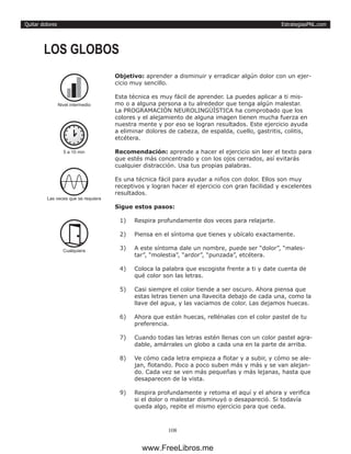 EstrategiasPNL.com
108
Quitar dolores
Objetivo: aprender a disminuir y erradicar algún dolor con un ejer-
cicio muy sencillo.
Esta técnica es muy fácil de aprender. La puedes aplicar a ti mis-
mo o a alguna persona a tu alrededor que tenga algún malestar.
La PROGRAMACIÓN NEUROLINGÜÍSTICA ha comprobado que los
colores y el alejamiento de alguna imagen tienen mucha fuerza en
nuestra mente y por eso se logran resultados. Este ejercicio ayuda
a eliminar dolores de cabeza, de espalda, cuello, gastritis, colitis,
etcétera.
Recomendación: aprende a hacer el ejercicio sin leer el texto para
que estés más concentrado y con los ojos cerrados, así evitarás
cualquier distracción. Usa tus propias palabras.
Es una técnica fácil para ayudar a niños con dolor. Ellos son muy
receptivos y logran hacer el ejercicio con gran facilidad y excelentes
resultados.
Sigue estos pasos:
1)	 Respira profundamente dos veces para relajarte.
2)	 Piensa en el síntoma que tienes y ubícalo exactamente.
3)	 A este síntoma dale un nombre, puede ser “dolor”, “males-
tar”, “molestia”, “ardor”, “punzada”, etcétera.
4)	 Coloca la palabra que escogiste frente a ti y date cuenta de
qué color son las letras.
5)	 Casi siempre el color tiende a ser oscuro. Ahora piensa que
estas letras tienen una llavecita debajo de cada una, como la
llave del agua, y las vaciamos de color. Las dejamos huecas.
6)	 Ahora que están huecas, rellénalas con el color pastel de tu
preferencia.
7)	 Cuando todas las letras estén llenas con un color pastel agra-
dable, amárrales un globo a cada una en la parte de arriba.
8)	 Ve cómo cada letra empieza a flotar y a subir, y cómo se ale-
jan, flotando. Poco a poco suben más y más y se van alejan-
do. Cada vez se ven más pequeñas y más lejanas, hasta que
desaparecen de la vista.
9)	 Respira profundamente y retoma el aquí y el ahora y verifica
si el dolor o malestar disminuyó o desapareció. Si todavía
queda algo, repite el mismo ejercicio para que ceda.
LOS GLOBOS
5 a 10 min
Las veces que se requiera
Cualquiera
Nivel intermedio
www.FreeLibros.me
 