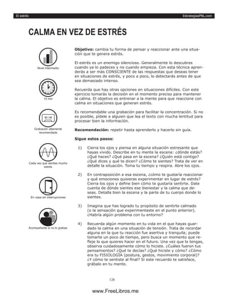 EstrategiasPNL.com
126
El estrés
Objetivo: cambia tu forma de pensar y reaccionar ante una situa-
ción que te genera estrés.
El estrés es un enemigo silencioso. Generalmente lo descubres
cuando ya lo padeces y no cuando empieza. Con esta técnica apren-
derás a ser más CONSCIENTE de las respuestas que deseas tener
en situaciones de estrés, y poco a poco, lo detectarás antes de que
sea demasiado intenso.
Recuerda que hay otras opciones en situaciones difíciles. Con este
ejercicio tomarás la decisión en el momento preciso para mantener
la calma. El objetivo es entrenar a la mente para que reaccione con
calma en situaciones que generan estrés.
Es recomendable una grabación para facilitar la concentración. Si no
es posible, pídele a alguien que lea el texto con mucha lentitud para
procesar bien la información.
Recomendación: repetir hasta aprenderlo y hacerlo sin guía.
Sigue estos pasos:
1)	 Cierra los ojos y piensa en alguna situación estresante que
hayas vivido. Describe en tu mente la escena: ¿dónde estás?
¿Qué haces? ¿Qué pasa en la escena? ¿Quién está contigo?
¿Qué dices y qué te dicen? ¿Cómo te sientes? Trata de ver en
detalle la situación. Toma tu tiempo y respira. Abre los ojos.
2)	 En contraposición a esa escena, ¿cómo te gustaría reaccionar
y qué emociones quisieras experimentar en lugar de estrés?
Cierra los ojos y define bien cómo te gustaría sentirte. Date
cuenta de dónde sientes ese bienestar y la calma que de-
seas. Detalla bien la escena y la parte de tu cuerpo donde lo
sientes.
3)	 Imagina que has logrado tu propósito de sentirte calmado
(o la sensación que experimentaste en el punto anterior).
¿Habría algún problema con tu entorno?
4)	 Recuerda algún momento en tu vida en el que hayas guar-
dado la calma en una situación de tensión. Trata de recordar
alguna en la que tu reacción fue asertiva y tranquila; puede
tomarte un poco de tiempo, pero busca un momento que re-
fleje lo que quieres hacer en el futuro. Una vez que lo tengas,
observa cuidadosamente cómo lo hiciste. ¿Cuáles fueron tus
pensamientos? ¿Qué te decías? ¿Qué hiciste y cómo? ¿Cómo
era tu FISIOLOGÍA (postura, gestos, movimiento corporal)?
¿Y cómo te sentiste al final? Si este recuerdo te satisface,
grábalo en tu mente.
CALMA EN VEZ DE ESTRÉS
15 min
Cada vez que sientas mucho
estrés
Acompañante si no lo grabas
Nivel intermedio
Grabación altamente
recomendada
En casa sin interrupciones
www.FreeLibros.me
 