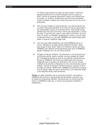 EstrategiasPNL.com
131
El estrés
ra. Piensa qué quieres en lugar de esa tensión. ¿Cómo te
gustaría sentirte en la misma situación que te causa es-
trés? ¿Cómo te gustaría reaccionar? Busca una actitud que
te ayude, un recurso. Evalúa bien qué es lo que necesitas,
toma tu tiempo. Pueden ser varios recursos si con uno no es
suficiente.
6)	 Una vez que tengas el recurso piensa: ¿en qué situación de
tu vida lo has aprovechado? Si el recurso fue de seguridad o
de tranquilidad, busca un momento de tu vida donde hayas
sentido ese recurso con fuerza. Toma una respiración y cierra
los ojos. A ese recurso, poco a poco dale una forma, una tex-
tura, un color, un tamaño, temperatura, aroma, si es el caso,
y colócalo frente a ti. Ve este SÍMBOLO por todos lados para
saber si quieres modificar algo más.
7)	 Una vez que estés satisfecho con este SÍMBOLO de tu re-
curso, colócalo en el lugar donde estaba la tensión. Deja
que ocupe el sitio vacío. Nota si te sientes a gusto con este
SÍMBOLO allí. Respira profundamente para que el SÍMBOLO
quede integrado a ti, en vez de la tensión.
8)	 Imagina el día de mañana. Te enfrentas a una situación que
te provoca estrés, igual o similar a la que acabas de traba-
jar. Visualiza la escena en que te encuentras. Recuerda que
tienes tu SÍMBOLO (la forma que elaboraste del recurso)
integrado que te ayuda y te da fuerza. Con eso en mente,
métete en la escena e interactúa con la o las personas que te
rodean. ¿Cómo te sientes? Sal de la escena y piensa si sien-
tes algo de estrés. Reafirma tu SÍMBOLO acudiendo a él para
que te ayude cada vez que te enfrentes a una situación difícil
y así lograrás evitar más tensiones.
Tarea: en cada situación que te provoque tensión, recuerda tu
SÍMBOLO del recurso y las sensaciones asociadas a él para que
te asista en situaciones difíciles. Recuerda que no tienes que ela-
borar un SÍMBOLO cada vez, a menos que quieras cambiarlo o
modificarlo.
www.FreeLibros.me
 