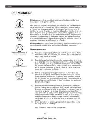 EstrategiasPNL.com
132
El estrés
Objetivo: aprende a ver el lado positivo del trabajo cotidiano de
manera que no te genere estrés.
Este ejercicio intentará ayudarte a que dejes de ver únicamente la
parte negativa de tu trabajo y a que te des cuenta de que si estás
ahí es porque de esa actividad se deriva algo que te conviene. Al
cambiar tu punto de vista, se modificará tu patrón mental de proce-
sar lo negativo para que encuentres un equilibrio y poco a poco te
enfoques en el beneficio más que en lo desagradable. Dependiendo
de cómo te representes tu escena de trabajo, estará determinada
la gravedad del mismo. Si todo lo ves negativo, así influirá en ti. Si
ves cosas positivas, también éstas te influirán.
Recomendación: recordar las preguntas y repetirlas con la contes-
tación positiva hasta que se den con naturalidad y convicción.
Sigue estos pasos:
1)	 Recuerda un paisaje que te haya gustado y que hayas disfru-
tado en tu vida. Búscalo bien, un paisaje que te haya hecho
sentir bien y que recuerdes.
2)	 Cuando hayas hecho tu elección del paisaje, observa el cielo
y su colorido, mira cuántos colores te rodean. Esta imagen te
gusta mucho, y es muy agradable encontrarte allí. Escucha
los sonidos de la naturaleza y date cuenta de la temperatura
en tu paisaje. Siente en tu piel el contacto con el exterior y
toma una respiración profunda.
3)	 Coloca en tu paisaje a las personas que te importan, las
personas que amas. Experimenta su presencia y su sonrisa
al encontrarse ahí contigo. Te sientes muy contento porque
las ves felices, sus gestos te lo confirman. Escucha lo que te
dicen, hay admiración hacia ti, date cuenta de tus sentimien-
tos en esta imagen.
4)	 Mientras sigues rodeado por todo lo que te gusta y te tran-
quiliza, piensa por un momento en el trabajo que te estresa.
Imagina un día que te haya desagradado tu trabajo. Trata de
mantener el gusto y la belleza del paisaje mientras obser-
vas. Encuentra el lado positivo de tu trabajo. Nuestro diálogo
interno es interminable e inevitable. ¿Cómo es tu diálogo
interno respecto a tu trabajo? Si es irritante, desalentador,
negativo y de crítica, te llevará a tener una buena dosis de
estrés.
5)	 Sigue dentro de tu paisaje, pregúntate lo siguiente y anota
las respuestas en una hoja:
¿Por qué estás en el trabajo que tienes?
REENCUADRE
15 min
Una vez terminado revisa las
frases 2 o 3 veces al día
Nivel intermedio
Papel y lápiz
Lugar privado la primera vez
www.FreeLibros.me
 