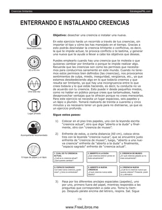 EstrategiasPNL.com
136
Creencias limitantes
Objetivo: desechar una creencia e instalar una nueva.
En este ejercicio harás un recorrido a través de tus creencias, sin
importar el tipo y cómo las has manejado en el tiempo. Gracias a
esto podrás desinstalar la creencia limitante o conflictiva, es decir,
la que te impide actuar, te provoca conflicto o te lastima, y generar
una nueva que te ayude a llevar a cabo los objetivos que deseas.
Puedes emplearlo cuando hay una creencia que te molesta o que
quisieras cambiar por limitante o porque te impide realizar algo.
Recuerda que las creencias son como los permisos que necesita-
mos para conducirnos sanamente en este mundo. Cuando no tene-
mos estos permisos bien definidos (las creencias), nos provocamos
sentimientos de culpa, miedo, inseguridad, vergüenza, etc., ya que
estamos desobedeciendo algo en lo que todavía creemos y que
resulta ser limitante, ya que hay una incongruencia entre lo que
crees todavía y lo que estás haciendo, es decir, tu conducta no va
de acuerdo con tu creencia. Esto puede ir desde pequeños miedos,
como no hablar en público porque crees que tartamudeas, hasta
desaprovechar ventajas que te ofrecen porque no crees merecerlas.
Para este ejercicio se necesita un lugar espacioso, seis papeles y
un lápiz o plumón. Tomará realizarlo de treinta a cuarenta y cinco
minutos y es necesario tener un guía para no distraerse, ya que es
un ejercicio profundo.
Sigue estos pasos:
1)	 Colocar en el piso tres papeles, uno con la leyenda escrita
“creencia actual”, otro que diga “abierto a la duda” y final-
mente, otro con “creencia de museo”.
2)	 Enfrente de estos, a cierta distancia (60 cm), coloca otros
tres con la leyenda “creencia nueva”, que se encuentre justo
enfrente de “creencia de museo”; luego, “abierto a una nue-
va creencia” enfrente de “abierto a la duda” y finalmente,
“espacio sagrado” enfrente de “creencia actual”.
3)	 Pasa por los diferentes anclajes espaciales (papeles), uno
por uno, primero fuera del papel, mientras respondes a las
preguntas que corresponden a cada uno. Toma tu tiem-
po. Después párate encima del letrero, respira. Sal. Sigue
ENTERRANDO E INSTALANDO CREENCIAS
30 a 45 min
Una sola vez
6 hojas de papel y un lápiz
Lugar privado
Nivel avanzado
Acompañante recomendado
1. CUAL ES TU CREENCIA
ACTUAL
¿Cuál es tu creencia actual?
¿Qué quieres cambiar?
2. ABIERTO A LA DUDA
¿Qué creencia anterior pones en
duda actualmente?
3. CREENCIA DE MUSEO
¿En qué creencia pasada ya no
crees actualmente?
6. ESPACIO SAGRADO
Con esta nueva creencia ¿quién
eres? ¿Cómo te simbolizas?
5. ABIERTO A NUEVA
CREENCIA
¿A qué creencia nueva estás
abierto?
4. CREENCIA NUEVA
¿Cuál es la creencia nueva que
quieres obtener? Presente, positi-
vo y afirmativo
www.FreeLibros.me
 