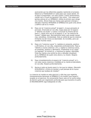 EstrategiasPNL.com
137
Creencias limitantes
avanzando por los diferentes papeles repitiendo el proceso.
Observa tu FISIOLOGÍA en cada paso que vayas dando. En
el paso 6 pregúntate: con esta misión y estos sentimientos,
¿quién soy o a qué me parezco? Soy como… Con estas pre-
guntas piensa en un SÍMBOLO. Utiliza el primero que venga
a la mente. Ahora frota tus manos para generar energía y
elévalas mientras INTEGRAS el SÍMBOLO de quién eres ahora
y define cuál es tu misión.
4)	 Pasa con la “creencia actual” al papel 1, la que pensaste al
principio. Enúnciala en voz alta, luego pasa por el espacio
2 “abierto a la duda” y vuelve a enunciar la misma del es-
pacio 1. Hazlo otra vez en el espacio 3, en “la creencia de
museo”. Déjala aquí. Normalmente hacer esto puede causar
risa, extrañeza, incredulidad. Esto es señal de que la creencia
limitante (la del inicio) se desinstaló. Es increíble, pero así
sucede muchas veces.
5)	 Pasa a la “creencia nueva” 4, repítela en presente, positivo
y afirmativo, en voz alta, respirando profundamente. Pasa a
“abierto a nueva creencia”, el 5, y repite tu creencia nueva,
en presente, positivo y afirmativo. Finalmente ve al “espa-
cio sagrado”, el número 6, y mientras la repites, disfrútala,
frota tus manos una contra la otra y elévalas visualizan-
do tu SÍMBOLO de quién eres ahora y tu misión. Respira
profundamente.
6)	 Pasa inmediatamente al espacio de “creencia actual”, el 1,
con esta nueva creencia e instálala en tu mente al decretarla
en voz alta. Respira profundamente.
7)	 Revisa si esto es bueno para ti y los que te rodean. (Revisión
ECOLÓGICA.) ¿Cómo te sientes y qué piensas de la nueva
creencia que acabas de instalar?
La creencia se instala en este ejercicio y sólo hay que repetirla
constantemente llamando al SÍMBOLO (y la misión) que haya(n)
surgido en el ejercicio. Es conveniente hacer esto en la noche antes
de dormir junto con respiración profunda para que durante el sueño
el INCONSCIENTE siga trabajando en ella.
www.FreeLibros.me
 