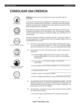 EstrategiasPNL.com
148
Creencias limitantes
Objetivo: hacer que una creencia de la que se tiene duda se
consolide.
A través de este ejercicio trabajarás la codificación mental (la ma-
nera como se piensa acerca de algo), y gracias a ello será posible
acelerar el proceso de instalación de una creencia que esté en pro-
ceso y todavía hay que madurar.
Este ejercicio ayuda a dejar de titubear ante alguna creencia que
consideras necesaria en tu vida diaria y que, sin embargo, todavía
no has podido lograr porque mantienes dudas que interfieren en su
consecución.
El proceso lleva de treinta a cuarenta minutos y requieres estar en
un lugar apartado. Lo puedes hacer solo, con papel y lápiz, o con un
acompañante que te guíe.
1)	 Piensa en una creencia de la que estés perfectamente segu-
ro, a la cual llamarás creencia A: “Vivo en una bonita ciudad”
sería una creencia muy clara y que con seguridad funcionará.
2)	 Ahora piensa en ella, cerrando los ojos, y date cuenta de lo
siguiente:
• ¿En esta imagen estás dentro de la escena como parte
de ella (ASOCIADO) o no te ves como en una película
(disociado)?
		
• ¿En qué lugar la ves (arriba, abajo, a la derecha,
izquierda)?
• ¿A qué distancia de ti está la imagen? (1 m, 50 cm, etc.).
		
• ¿De qué tamaño la ves? 	
• ¿Está en color o en blanco y negro? 	
• ¿Es una imagen panorámica o está enmarcada como foto?
		
3)	 Ahora piensa en la creencia de la cual todavía dudas, a la que
llamarás creencia B, y piensa si realmente es buena para ti y
qué beneficios te puede reportar en tu entorno. Ejemplo: “Yo
puedo tener éxito en mi trabajo”.
4)	 Nuevamente, cerrando los ojos, date cuenta de cómo codifica
tu mente esta creencia:
• ¿En esta imagen estás dentro de la escena como parte
CONSOLIDAR UNA CREENCIA
30 a 40 min
Las veces que sea necesario
Lugar privado
Nivel intermedio
Acompañante recomendado
aunque no necesario
Papel y làpiz
www.FreeLibros.me
 