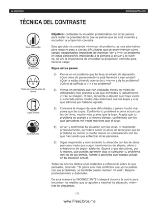 EstrategiasPNL.com
151
La depresión
Objetivo: contrastar la situación problemática con otras peores
para restar la gravedad de lo que se piensa que se está viviendo y
encontrar la proporción correcta.
Este ejercicio no pretende minimizar el problema, es una alternativa
para restarle peso a ciertas dificultades que se experimentan como
cargas insoportables imposibles de manejar. Ver y vivir un problema
en estas condiciones imposibilita a la persona a actuar y la nulifi-
ca, de ahí la importancia de encontrar la proporción correcta para
hacerse cargo.
Sigue estos pasos:
1)	 Piensa en el problema que te lleva al estado de depresión.
¿Qué clase de pensamiento te está llevando a ese estado?
¿Qué te estás diciendo acerca de ti mismo y de tu problema?
¿Cómo te calificas a ti y a tu problema?
2)	 Piensa en personas que han realizado metas en medio de
dificultades más grandes a las que enfrentas tú actualmente
y trae su imagen. O bien, recuerda a alguien que haya vivido
y superado penas mucho más dolorosas que las tuyas y a la
que admiras por haberlo logrado.
3)	 Conserva la imagen de esas dificultades o penas mucho ma-
yores que las tuyas. Confronta tu problema o pena actual con
las de otros, mucho más graves que la tuya. Acepta que tu
problema es grande y al mismo tiempo, confróntalo con los
que consideras mil veces mayores que el tuyo.
4)	 Al ver y confrontar tu situación con las otras, y respirando
profundamente, permítete sentir el alivio de reconocer que tu
problema es menor o mucho menor en comparación con los
que han tenido que enfrentar otras personas.
5)	 Sigue respirando y contrastando tu situación con las de otras
personas hasta que surjan sentimientos de aliento, alivio o
entusiasmo de seguir adelante. Espera a que descubras, por
lo menos, que puedes aprender algo al comparar tu problema
con los de los demás. Ábrete a opciones que puedas utilizar
en tu situación actual.
Todas las noches dedica unos instantes a reflexionar sobre lo que
pensaste, diciendo: “Si gente con más conflictos que yo ha podido
con sus problemas, yo también puedo resolver mi vida”. Respira
profundamente y duérmete.
De esta manera tu INCONSCIENTE trabajará durante la noche para
encontrar los medios que te ayuden a resolver tu situación, mien-
tras tu descansas.
TÉCNICA DEL CONTRASTE
15 a 20 min
Todas las noches antes de
dormir
Lugar privado
Acompañante
Nivel intermedio
www.FreeLibros.me
 