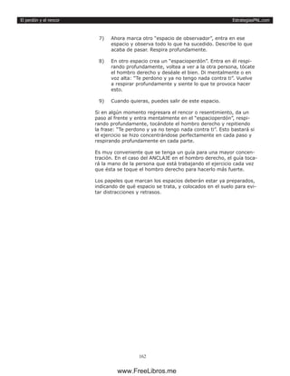EstrategiasPNL.com
162
El perdón y el rencor
7)	 Ahora marca otro “espacio de observador”, entra en ese
espacio y observa todo lo que ha sucedido. Describe lo que
acaba de pasar. Respira profundamente.
8)	 En otro espacio crea un “espacioperdón”. Entra en él respi-
rando profundamente, voltea a ver a la otra persona, tócate
el hombro derecho y deséale el bien. Di mentalmente o en
voz alta: “Te perdono y ya no tengo nada contra ti”. Vuelve
a respirar profundamente y siente lo que te provoca hacer
esto.
9)	 Cuando quieras, puedes salir de este espacio.
Si en algún momento regresara el rencor o resentimiento, da un
paso al frente y entra mentalmente en el “espacioperdón”, respi-
rando profundamente, tocándote el hombro derecho y repitiendo
la frase: “Te perdono y ya no tengo nada contra ti”. Esto bastará si
el ejercicio se hizo concentrándose perfectamente en cada paso y
respirando profundamente en cada parte.
Es muy conveniente que se tenga un guía para una mayor concen-
tración. En el caso del ANCLAJE en el hombro derecho, el guía toca-
rá la mano de la persona que está trabajando el ejercicio cada vez
que ésta se toque el hombro derecho para hacerlo más fuerte.
Los papeles que marcan los espacios deberán estar ya preparados,
indicando de qué espacio se trata, y colocados en el suelo para evi-
tar distracciones y retrasos.
www.FreeLibros.me
 