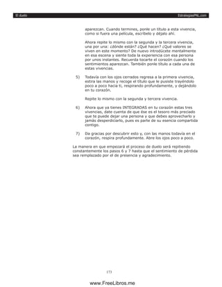 EstrategiasPNL.com
173
El duelo
aparezcan. Cuando termines, ponle un título a esta vivencia,
como si fuera una película, escríbelo y déjalo ahí.
Ahora repite lo mismo con la segunda y la tercera vivencia,
una por una: ¿dónde están? ¿Qué hacen? ¿Qué valores se
viven en este momento? De nuevo introdúcete mentalmente
en esa escena y siente toda la experiencia con esa persona
por unos instantes. Recuerda tocarte el corazón cuando los
sentimientos aparezcan. También ponle título a cada una de
estas vivencias.
5)	 Todavía con los ojos cerrados regresa a la primera vivencia,
estira las manos y recoge el título que le pusiste trayéndolo
poco a poco hacia ti, respirando profundamente, y dejándolo
en tu corazón.
Repite lo mismo con la segunda y tercera vivencia.
6)	 Ahora que ya tienes INTEGRADAS en tu corazón estas tres
vivencias, date cuenta de que ése es el tesoro más preciado
que te puede dejar una persona y que debes aprovecharlo y
jamás desperdiciarlo, pues es parte de su esencia compartida
contigo.
7)	 Da gracias por descubrir esto y, con las manos todavía en el
corazón, respira profundamente. Abre los ojos poco a poco.
La manera en que empezará el proceso de duelo será repitiendo
constantemente los pasos 6 y 7 hasta que el sentimiento de pérdida
sea remplazado por el de presencia y agradecimiento.
www.FreeLibros.me
 