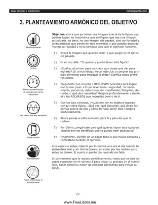 EstrategiasPNL.com
178
Bajar de peso y mantenerte
Objetivo: ahora que ya tienes una imagen exacta de la figura que
quieres lograr, es importante que verifiques que sea una imagen
actualizada, es decir, no una imagen del pasado, sino con la edad y
características que tienes en este momento y que puedes alcanzar;
maneja la realidad y no la fantasía para que el ejercicio funcione.
1)	 Evoca la imagen que quieres tener y que surgió en el ejerci-
cio pasado.
2)	 Di en voz alta: “Yo quiero y puedo tener esta figura”.
3)	 ¿Cuál es el primer paso concreto que tienes que dar para
lograrlo? ¿Ir al nutriólogo, hacer ejercicio o comprar tus pro-
pios alimentos para empezar la dieta? Clarifica estos prime-
ros pasos.
4)	 Pregúntate qué recurso o RECURSOS necesitas para lograr
ese primer paso. ¿Es perseverancia, seguridad, convenci-
miento, paciencia, determinación, creatividad, disciplina, de-
cisión, o qué otro necesitas? Respira profundamente y siente
el o los RECURSOS que necesitas dentro de ti.
5)	 Con los ojos cerrados, visualízate con tu objetivo logrado,
con tu nueva figura. ¿Qué ves, qué escuchas, qué dicen los
demás acerca de ella y cómo te hace sentir esto? Respira
profundamente.
6)	 Ahora piensa si esto es bueno para ti y para los que te
rodean.
7)	 Por último, pregúntate para qué quieres lograr este objetivo,
¿cuáles son los beneficios que te puede traer alcanzarlo?
8)	 Finalmente, escribe en un papel todo lo que hayas pensado y
contestado durante el ejercicio.
Este ejercicio debes releerlo por lo menos una vez al día cuando te
encuentres solo y sin distracciones, así como por las noches justo
antes de dormir. El cuarto y quinto día realízalo sin falta.
Es conveniente que lo repitas periódicamente, hasta que se den los
pasos sugeridos en el número 3 para iniciar tu proceso (ir al nutrió-
logo, hacer ejercicio, hacer las compras necesarias para iniciar tu
dieta).
3. PLANTEAMIENTO ARMÓNICO DEL OBJETIVO
20 min
Las veces que sea necesario
Lugar privado
Papel y lápiz para el
acompañante
Acompañante
1 2 3
Revisa la introducción
al capítulo para ver la
secuencia
Nivel intermedio
www.FreeLibros.me
 