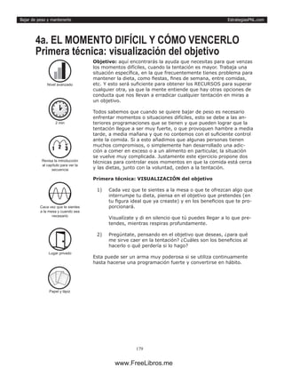 EstrategiasPNL.com
179
Bajar de peso y mantenerte
Objetivo: aquí encontrarás la ayuda que necesitas para que venzas
los momentos difíciles, cuando la tentación es mayor. Trabaja una
situación específica, en la que frecuentemente tienes problema para
mantener la dieta, como fiestas, fines de semana, entre comidas,
etc. Y esto será suficiente para obtener los RECURSOS para superar
cualquier otra, ya que la mente entiende que hay otras opciones de
conducta que nos llevan a erradicar cualquier tentación en miras a
un objetivo.
Todos sabemos que cuando se quiere bajar de peso es necesario
enfrentar momentos o situaciones difíciles, esto se debe a las an-
teriores programaciones que se tienen y que pueden lograr que la
tentación llegue a ser muy fuerte, o que provoquen hambre a media
tarde, a media mañana y que no contemos con el suficiente control
ante la comida. Si a esto añadimos que algunas personas tienen
muchos compromisos, o simplemente han desarrollado una adic-
ción a comer en exceso o a un alimento en particular, la situación
se vuelve muy complicada. Justamente este ejercicio propone dos
técnicas para controlar esos momentos en que la comida está cerca
y las dietas, junto con la voluntad, ceden a la tentación.
Primera técnica: VISUALIZACIÓN del objetivo
1)	 Cada vez que te sientes a la mesa o que te ofrezcan algo que
interrumpe tu dieta, piensa en el objetivo que pretendes (en
tu figura ideal que ya creaste) y en los beneficios que te pro-
porcionará.
Visualízate y di en silencio que tú puedes llegar a lo que pre-
tendes, mientras respiras profundamente.
2)	 Pregúntate, pensando en el objetivo que deseas, ¿para qué
me sirve caer en la tentación? ¿Cuáles son los beneficios al
hacerlo o qué perdería si lo hago?
Esta puede ser un arma muy poderosa si se utiliza continuamente
hasta hacerse una programación fuerte y convertirse en hábito.
4a. EL MOMENTO DIFÍCIL Y CÓMO VENCERLO
Primera técnica: visualización del objetivo
2 min
Caca vez que te sientes
a la mesa y cuando sea
necesario
Lugar privado
Papel y lápiz
Nivel avanzado
1 2 3
Revisa la introducción
al capítulo para ver la
secuencia
www.FreeLibros.me
 
