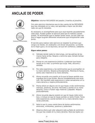EstrategiasPNL.com
45
Libera tus capacidades
Objetivo: retomar RECURSOS del pasado y traerlos al presente.
Con este ejercicio intentamos que te des cuenta de los RECURSOS
que has manejado en tu vida y así aprendas a hacer uso de ellos
cada vez que lo necesites.
Es necesario un acompañante para que vaya leyendo pausadamente
cada paso. Puedes grabar el ejercicio para que lo realices cuando
gustes. Te recomiendo que lo repitas varias veces, ya que cada vez
que lo hagas surgirán diferentes situaciones que enriquecerán cada
punto.
El secreto para realizar este ejercicio es respetar lo primero que
venga a la mente, sin analizarlo y sin forzar situaciones. La mente
es la mejor guía y no se equivoca, así que ten confianza y adelante.
Sigue estos pasos:
1)	 Siéntate donde nadie te interrumpa, con las palmas de las
manos hacia arriba. Respira y cierra los ojos, tómate tiempo
para relajarte.
2)	 Piensa en una experiencia positiva y poderosa que hayas
tenido en tu vida. La primera que surja. Vela, escucha y
siéntela.
3)	 Pon esta experiencia y los sentimientos que la acompañan en
tu mano derecha. Respira profundamente. Mientras lo haces,
siente este material en tu mano derecha.
4)	 Ahora recuerda una ocasión en la que te hayas sentido muy
orgulloso de lo que hiciste. Revive completamente esa situa-
ción. Pon también esta experiencia y estas sensaciones en tu
mano derecha y respira profundamente.
5)	 Piensa ahora en alguna vez en que hayas vivido sentimientos
intensos, positivos, de amor. Revívelos y ponlos en tu mano
derecha, como si fuesen algo material y palpable. Respira
profundamente.
6)	 Ahora recuerda alguna ocasión en que te hayas reído como
loco, o incluso en que te hayas sentido un tanto frívolo. Toma
esta experiencia y ponla también en tu mano derecha respi-
rando profundo.
7)	 Nota lo que tu mano siente llena de tantos sentimientos
amorosos, vivificantes, positivos y poderosos.
8)	 Observa ahora qué color adquiere este puñado de sentimien-
tos que has creado en tu mano derecha. Para eso basta con
ANCLAJE DE PODER
15 min
Cada vez que lo requieras
Privacidad
Grabación recomendable
Nivel intermedio
Acompañante
www.FreeLibros.me
 