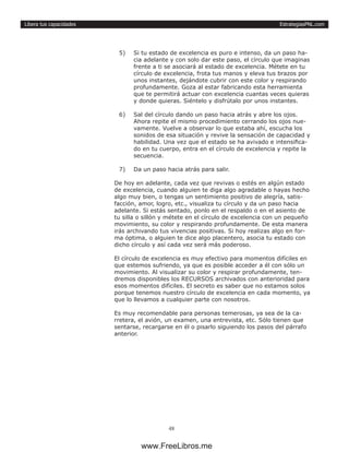 EstrategiasPNL.com
48
Libera tus capacidades
5)	 Si tu estado de excelencia es puro e intenso, da un paso ha-
cia adelante y con solo dar este paso, el círculo que imaginas
frente a ti se asociará al estado de excelencia. Métete en tu
círculo de excelencia, frota tus manos y eleva tus brazos por
unos instantes, dejándote cubrir con este color y respirando
profundamente. Goza al estar fabricando esta herramienta
que te permitirá actuar con excelencia cuantas veces quieras
y donde quieras. Siéntelo y disfrútalo por unos instantes.
6)	 Sal del círculo dando un paso hacia atrás y abre los ojos.
Ahora repite el mismo procedimiento cerrando los ojos nue-
vamente. Vuelve a observar lo que estaba ahí, escucha los
sonidos de esa situación y revive la sensación de capacidad y
habilidad. Una vez que el estado se ha avivado e intensifica-
do en tu cuerpo, entra en el círculo de excelencia y repite la
secuencia.
7)	 Da un paso hacia atrás para salir.
De hoy en adelante, cada vez que revivas o estés en algún estado
de excelencia, cuando alguien te diga algo agradable o hayas hecho
algo muy bien, o tengas un sentimiento positivo de alegría, satis-
facción, amor, logro, etc., visualiza tu círculo y da un paso hacia
adelante. Si estás sentado, ponlo en el respaldo o en el asiento de
tu silla o sillón y métete en el círculo de excelencia con un pequeño
movimiento, su color y respirando profundamente. De esta manera
irás archivando tus vivencias positivas. Si hoy realizas algo en for-
ma óptima, o alguien te dice algo placentero, asocia tu estado con
dicho círculo y así cada vez será más poderoso.
El círculo de excelencia es muy efectivo para momentos difíciles en
que estemos sufriendo, ya que es posible acceder a él con sólo un
movimiento. Al visualizar su color y respirar profundamente, ten-
dremos disponibles los RECURSOS archivados con anterioridad para
esos momentos difíciles. El secreto es saber que no estamos solos
porque tenemos nuestro círculo de excelencia en cada momento, ya
que lo llevamos a cualquier parte con nosotros.
Es muy recomendable para personas temerosas, ya sea de la ca-
rretera, el avión, un examen, una entrevista, etc. Sólo tienen que
sentarse, recargarse en él o pisarlo siguiendo los pasos del párrafo
anterior.
www.FreeLibros.me
 