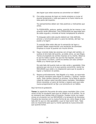 EstrategiasPNL.com
59
Cambio de conductas
des lograr que estas escenas se conviertan en hábito?
5)	 Con estas escenas de logro en mente empieza a cruzar el
puente lentamente y nota qué pasa en tu fuero interno en
esta parte del trayecto:
Tus pensamientos deben ser más positivos y motivantes que
antes.
Tu FISIOLOGÍA, postura, gestos, posición de las manos y res-
piración serán diferentes. Una FISIOLOGÍA de seguridad don-
de estés erguido y mirando al frente remplazaría la anterior.
Tu lenguaje sobre este asunto deberá ser más definido,
preciso y convincente para ti y para los demás, del tipo “yo
puedo y lo logro”.
Tu energía debe estar alta por la sensación de logro y
también debes experimentar una sensación de bienestar.
Empieza a cruzar el puente con mucho ánimo.
6)	 Sigue viviendo todas las escenas con el logro del cambio, vi-
sualiza el otro lado del puente, ya estás cerca, ya casi llegas.
Tienes el propósito de cambio impreso en tu mente. Observa
lo que te rodea cuando ves que los has logrado, escucha
lo que dices y te dicen, ¿cómo te sientes con este cambio?
Pídele a tu mente que así sea.
De este lado del puente todo es más verde y agradable. Esta
persona que ves es en la que quieres convertirte; siente los
RECURSOS que están a tu disposición para que te ayuden a
lograr y mantener el cambio.
7)	 Respira profundamente. Has llegado a tu meta, ya recorriste
el camino necesario para lograr tu cambio y “quieres” mante-
nerlo. Todo cambio requiere un proceso. Ya te diste la oportu-
nidad de realizar estos sencillos pasos mentales. Felicidades.
Ahora necesitas un poco de tiempo y espacio para que esta
nueva programación se fije y se convierta en un hábito.
Aquí termina la grabación.
Tarea: la repetición frecuente de estos pasos mentales (dos o tres
veces al día) te ayudarán para que se instale en ti el cambio. Ya no
es necesario que repitas todo el trayecto. Puedes iniciar tus repeti-
ciones en el puente con tus RECURSOS y la sensación de bienestar.
Visualiza las escenas con tu nueva forma de ser, cómo llegar al otro
lado del río que es más agradable y que te hace sentir bien. Todo
esto es importante para que tu mente aprenda la nueva dirección
que quieres tomar.
www.FreeLibros.me
 