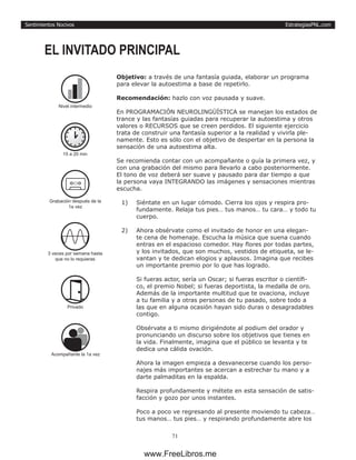 EstrategiasPNL.com
71
Sentimientos Nocivos
Objetivo: a través de una fantasía guiada, elaborar un programa
para elevar la autoestima a base de repetirlo.
Recomendación: hazlo con voz pausada y suave.
En PROGRAMACIÓN NEUROLINGÜÍSTICA se manejan los estados de
trance y las fantasías guiadas para recuperar la autoestima y otros
valores o RECURSOS que se creen perdidos. El siguiente ejercicio
trata de construir una fantasía superior a la realidad y vivirla ple-
namente. Esto es sólo con el objetivo de despertar en la persona la
sensación de una autoestima alta.
Se recomienda contar con un acompañante o guía la primera vez, y
con una grabación del mismo para llevarlo a cabo posteriormente.
El tono de voz deberá ser suave y pausado para dar tiempo a que
la persona vaya INTEGRANDO las imágenes y sensaciones mientras
escucha.
1)	 Siéntate en un lugar cómodo. Cierra los ojos y respira pro-
fundamente. Relaja tus pies… tus manos… tu cara… y todo tu
cuerpo.
2)	 Ahora obsérvate como el invitado de honor en una elegan-
te cena de homenaje. Escucha la música que suena cuando
entras en el espacioso comedor. Hay flores por todas partes,
y los invitados, que son muchos, vestidos de etiqueta, se le-
vantan y te dedican elogios y aplausos. Imagina que recibes
un importante premio por lo que has logrado.
Si fueras actor, sería un Oscar; si fueras escritor o científi-
co, el premio Nobel; si fueras deportista, la medalla de oro.
Además de la importante multitud que te ovaciona, incluye
a tu familia y a otras personas de tu pasado, sobre todo a
las que en alguna ocasión hayan sido duras o desagradables
contigo.
Obsérvate a ti mismo dirigiéndote al podium del orador y
pronunciando un discurso sobre los objetivos que tienes en
la vida. Finalmente, imagina que el público se levanta y te
dedica una cálida ovación.
Ahora la imagen empieza a desvanecerse cuando los perso-
najes más importantes se acercan a estrechar tu mano y a
darte palmaditas en la espalda.
Respira profundamente y métete en esta sensación de satis-
facción y gozo por unos instantes.
Poco a poco ve regresando al presente moviendo tu cabeza…
tus manos… tus pies… y respirando profundamente abre los
EL INVITADO PRINCIPAL
15 a 20 min
3 veces por semana hasta
que no lo requieras
Privado
Grabación después de la
1a vez
Acompañante la 1a vez
Nivel intermedio
www.FreeLibros.me
 