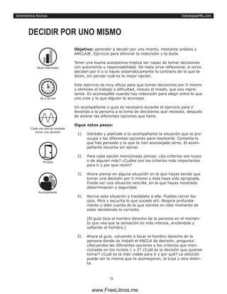 EstrategiasPNL.com
76
Sentimientos Nocivos
Objetivo: aprender a decidir por uno mismo, mediante análisis y
ANCLAJE. Ejercicio para eliminar la indecisión y la duda.
Tener una buena autoestima implica ser capaz de tomar decisiones
con autonomía y responsabilidad. De nada sirve reflexionar, si otros
deciden por ti o si haces sistemáticamente lo contrario de lo que te
dicen, sin pensar cuál es la mejor opción.
Este ejercicio es muy eficaz para que tomes decisiones por ti mismo
y elimines el trabajo y dificultad, incluso el miedo, que eso repre-
senta. Es aconsejable cuando hay indecisión para elegir entre lo que
uno cree y lo que alguien le aconseja.
Un acompañante o guía es necesario durante el ejercicio para ir
llevando a la persona a la toma de decisiones que necesita, después
de aclarar las diferentes opciones que tiene.
Sigue estos pasos:
1)	 Siéntate y platícale a tu acompañante la situación que te pre-
ocupa y las diferentes opciones para resolverla. Comenta lo
que has pensado y lo que te han aconsejado otros. El acom-
pañante escucha sin opinar.
2)	 Para cada opción mencionada piensa: ¿los criterios son tuyos
o de alguien más? ¿Cuáles son los criterios más importantes
para ti y por qué razón?
3)	 Ahora piensa en alguna situación en la que hayas tenido que
tomar una decisión por ti mismo y ésta haya sido apropiada.
Puede ser una situación sencilla, en la que hayas mostrado
determinación y seguridad.
4)	 Revive esta situación y trasládate a ella. Puedes cerrar los
ojos. Mira y escucha lo que sucede ahí. Respira profunda-
mente y date cuenta de lo que sientes en este momento de
estar decidiendo lo correcto.
[El guía toca el hombro derecho de la persona en el momen-
to que vea que la sensación es más intensa, anclándola y
soltando el hombro.]
5)	 Ahora el guía, volviendo a tocar el hombro derecho de la
persona donde se instaló el ANCLA de decisión, pregunta:
¿Recuerdas las diferentes opciones y los criterios que men-
cionaste en los incisos 1 y 2? ¿Cuál es la decisión que quieres
tomar? ¿Cuál es la más viable para ti y por qué? La elección
puede ser la misma que te aconsejaron, la tuya u otra distin-
ta.
DECIDIR POR UNO MISMO
20 a 30 min
Cada vez que se necesite
tomar una decisión
Privado
Nivel intermedio
Acompañante
www.FreeLibros.me
 