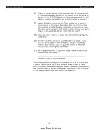 EstrategiasPNL.com
91
Solución a los problemas
8)	 Trae a la mente las dos fotos que describen tu estado actual
y tu estado deseado. Construye un puente entre las dos y co-
loca en él los RECURSOS que necesitas para pasar de un lado
al otro, es decir, del espacio del problema al de la solución.
9)	 Luego de haber puesto las dos fotos unidas por el puente,
desenmarca la del estado deseado y dale movimiento. Haz
una película con ella. Respira y contesta la siguiente pregun-
ta: ¿qué sientes al verla así?, ¿cuál sería tu primer paso para
lograr esto?, ¿cuándo, dónde y cómo lo vas a dar?
10)	 Abre los ojos y regresa al papel para contestar las preguntas
anteriores.
11)	 Hazte una última pregunta y contéstala en el papel: ¿para
qué me sirve resolver este problema, y cuáles son los be-
neficios que obtengo yo y los que me rodean al hacerlo?
Visualízalo y respira profundamente.
12)	 En tu papel concluye la siguiente frase: “Pasar al estado de
solución me hace sentir
										 ”.
Vuelve a respirar profundamente.
Como trabajo posterior al ejercicio, lee cada vez que se pueda, por
lo menos tres o cuatro veces a la semana, lo escrito en el papel
punto por punto, respirando después de leer cada uno, cerrando los
ojos y visualizando el estado deseado en movimiento. Así se forma-
rá una programación para solucionar este problema.
www.FreeLibros.me
 