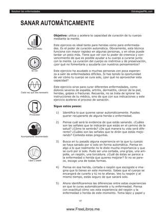 EstrategiasPNL.com
97
Resolver las enfermedades
Objetivo: utiliza y acelera la capacidad de curación de tu cuerpo
mediante la mente.
Este ejercicio es ideal tanto para heridas como para enfermeda-
des. Es el poder de curación automática. Obviamente, esta técnica
funciona con mayor rapidez en algunas personas, y en otras puede
tardar un poco más. Tiene que ver con tu poder de creencia y con-
vencimiento de que es posible ayudar a tu cuerpo a curarse junto
con la mente. La curación del cuerpo es instintiva y de preservación,
¿por qué no fomentarla y ayudarla con nuestros pensamientos?
Este ejercicio ha ayudado a muchas personas con poca esperan-
za a salir de enfermedades difíciles. Si has tenido la oportunidad
de ver cómo tu cuerpo se cura solo, ¿por qué no aprovechar esta
capacidad?
Este ejercicio sirve para curar diferentes enfermedades, como
dolores severos de espalda, artritis, dermatitis, cáncer de la piel,
heridas, golpes o fracturas. Recuerda, no se trata de ignorar las
instrucciones de tu médico, sino de que con sus indicaciones y este
ejercicio aceleres el proceso de sanación.
Sigue estos pasos:
1)	 Identifica lo que quieres sanar automáticamente. Puedes
querer recuperarte de alguna herida o enfermedad.
2)	 Piensa cuál será la evidencia de que estás sanando. ¿Cuáles
son las señales que te indicarán que estás en el camino de la
salud? ¿Cómo te sentirás? ¿De qué manera tu vida será dife-
rente? ¿Cuáles son las señales que te dirán que estás mejo-
rando? Contesta estas preguntas.
3)	 Busca en tu pasado alguna experiencia en la que tu cuerpo
se haya sanado por sí solo en forma automática. Piensa en
algo a lo que realmente no le diste mucha importancia y que
se curó por sí solo. Pudo ser una cortada, una gripa, una am-
polla, un raspón, una torcedura. ¿Cuál de éstas se parece a
la enfermedad o herida que quieres mejorar? Si no se pare-
ce, escoge una de todas formas.
4)	 Piensa en esa herida, cortada o raspón que escogiste e ima-
gina que lo tienes en este momento. Sabes que el cuerpo se
encargará de curarlo y tú no te afanas. Ves tu raspón y al
mismo tiempo, estás seguro de que sanará solo.
5)	 Ahora identificaremos las diferencias entre estas experiencias
en que te curas automáticamente y tu enfermedad. Piensa
con exactitud cómo ves esta experiencia del raspón y la
enfermedad o herida de este momento. Toma lápiz y papel y
SANAR AUTOMÁTICAMENTE
30 min
Cada vez que sea necesario
Privacidad
Lápiz y papel
Nivel avanzado
Acompañante recomendado
www.FreeLibros.me
 