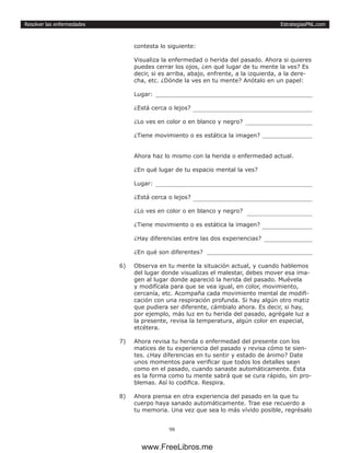 EstrategiasPNL.com
98
Resolver las enfermedades
contesta lo siguiente:
Visualiza la enfermedad o herida del pasado. Ahora si quieres
puedes cerrar los ojos, ¿en qué lugar de tu mente la ves? Es
decir, si es arriba, abajo, enfrente, a la izquierda, a la dere-
cha, etc. ¿Dónde la ves en tu mente? Anótalo en un papel:
Lugar:
¿Está cerca o lejos?
¿Lo ves en color o en blanco y negro?
¿Tiene movimiento o es estática la imagen?
Ahora haz lo mismo con la herida o enfermedad actual.
¿En qué lugar de tu espacio mental la ves?
Lugar: 	
¿Está cerca o lejos?	
¿Lo ves en color o en blanco y negro? 	
¿Tiene movimiento o es estática la imagen? 	
¿Hay diferencias entre las dos experiencias?
¿En qué son diferentes?
6)	 Observa en tu mente la situación actual, y cuando hablemos
del lugar donde visualizas el malestar, debes mover esa ima-
gen al lugar donde apareció la herida del pasado. Muévela
y modifícala para que se vea igual, en color, movimiento,
cercanía, etc. Acompaña cada movimiento mental de modifi-
cación con una respiración profunda. Si hay algún otro matiz
que pudiera ser diferente, cámbialo ahora. Es decir, si hay,
por ejemplo, más luz en tu herida del pasado, agrégale luz a
la presente, revisa la temperatura, algún color en especial,
etcétera.
7)	 Ahora revisa tu herida o enfermedad del presente con los
matices de tu experiencia del pasado y revisa cómo te sien-
tes. ¿Hay diferencias en tu sentir y estado de ánimo? Date
unos momentos para verificar que todos los detalles sean
como en el pasado, cuando sanaste automáticamente. Ésta
es la forma como tu mente sabrá que se cura rápido, sin pro-
blemas. Así lo codifica. Respira.
8)	 Ahora piensa en otra experiencia del pasado en la que tu
cuerpo haya sanado automáticamente. Trae ese recuerdo a
tu memoria. Una vez que sea lo más vívido posible, regrésalo
www.FreeLibros.me
 