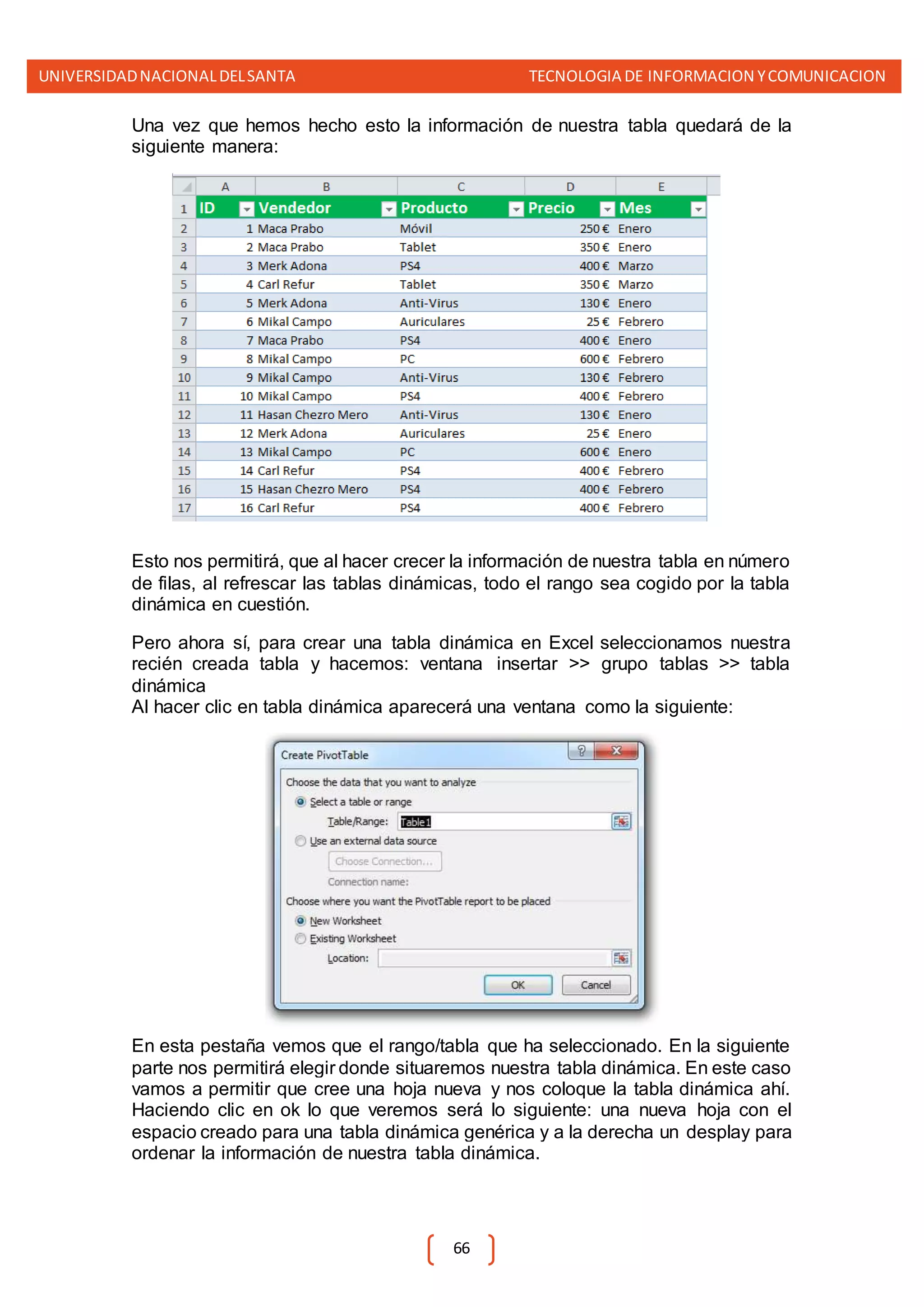 UNIVERSIDADNACIONALDELSANTA TECNOLOGIA DE INFORMACION YCOMUNICACION
66
Una vez que hemos hecho esto la información de nuestra tabla quedará de la
siguiente manera:
Esto nos permitirá, que al hacer crecer la información de nuestra tabla en número
de filas, al refrescar las tablas dinámicas, todo el rango sea cogido por la tabla
dinámica en cuestión.
Pero ahora sí, para crear una tabla dinámica en Excel seleccionamos nuestra
recién creada tabla y hacemos: ventana insertar >> grupo tablas >> tabla
dinámica
Al hacer clic en tabla dinámica aparecerá una ventana como la siguiente:
En esta pestaña vemos que el rango/tabla que ha seleccionado. En la siguiente
parte nos permitirá elegir donde situaremos nuestra tabla dinámica. En este caso
vamos a permitir que cree una hoja nueva y nos coloque la tabla dinámica ahí.
Haciendo clic en ok lo que veremos será lo siguiente: una nueva hoja con el
espacio creado para una tabla dinámica genérica y a la derecha un desplay para
ordenar la información de nuestra tabla dinámica.
 
