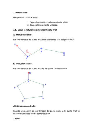 2.- Clasificación:
Dos posibles clasificaciones:
1. Según la naturaleza del punto inicial y final
2. Según el instrumento utilizado.
2.1.- Según la naturaleza del punto inicial y final:
a) Intervalo abierto:
Las coordenadas del punto inicial son diferentes a las del punto final:
b) Intervalo Cerrado:
Las coordenadas del punto inicial y del punto final coinciden.
c) Intervalo encuadrado:
Cuando se conocen las coordenadas del punto inicial y del punto final, lo
cual implica que se tendrá comprobación.
2 Tipos:
 