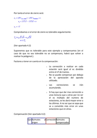 Por tanto el error de cierre será:
Comprobamos si el error de cierre es tolerable angularmente:
(Ver apartado 4.2)
Suponemos que es tolerable para este ejemplo y compensamos (en el
caso de que no sea tolerable no se compensara, habrá que volver a
realizar la poligonal.).
Factores a tener en cuenta en la compensación:
o La corrección a realizar en cada
estación será igual al ec dividido
entre el nº de tramos.
o No se puede compensar por debajo
de la apreciación del aparato
utilizado.
o Las correcciones se irán
acumulando.
o Si hay que que dar mas corrección a
unas lecturas que a otras por no ser
el ec múltiplo del numero de
estaciones, se les dará mayor error a
las últimas. A no ser que se sepa que
se a cometido más error en unas
estaciones que en otras.
Compensación (Ver apartado 4.2):
EjesAzimutes al
origen
CorrecciónAzimutes
compensados
 