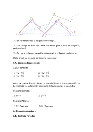 1º.- En verde tenemos la poligonal sin corregir.
2º.- Se corrige el error de cierre, haciendo girar a toda la poligonal,
poligonal azul.
3º.- En rojo la poligonal corregida tras corregir la poligonal en distancias.
(Falta problema ejemplo por incluir y comprobar)
5.4.- Coordenadas generales:
A (x ,y) conocido
Antes de realizar los cálculos es recomendable ver si la compensación se
ha realizado correctamente, por medio de las siguientes propiedades.
Poligonal Cerrada:
Poligonal Abierta:
6.- Itinerarios especiales:
6.1.- Centrado Forzado:
 