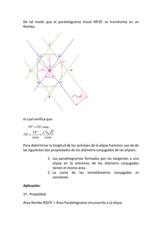 De tal modo que el paralelogramo inicial RR'SS' se transforma en un
Rombo,
el cual verifica que:
Para determinar la longitud de los semiejes de la elipse haremos uso de de
las siguientes dos propiedades de los diámetro conjugados de las elipses:
1. Los paralelogramos formados por las tangentes a una
elipse en lo extremos de los diámetro conjugados
tienen el mismo área.
2. La suma de los semidiámetros conjugados es
constante.
Aplicación:
1ª.- Propiedad:
Área Rombo RSS'R' = Área Paralelogramo circunscrito a la elipse.
 
