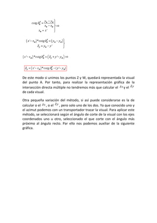 De este modo si unimos los puntos Z y W, quedará representada la visual
del punto A. Por tanto, para realizar la representación gráfica de la
intersección directa múltiple no tendremos más que calcular el y el
de cada visual.
Otra pequeña variación del método, si así puede considerarse es la de
calcular o el , o el , pero solo uno de los dos. Ya que conocido uno y
el azimut podemos con un transportador trazar la visual. Para aplicar este
método, se seleccionará según el ángulo de corte de la visual con los ejes
coordenados uno u otro, seleccionado el que corte con el ángulo más
próximo al ángulo recto. Par ello nos podemos auxiliar de la siguiente
gráfica.
 