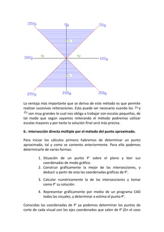La ventaja más importante que se deriva de este método es que permite
realizar sucesivos reiteraciones. Esto puede ser necesario cuando los y
son muy grandes lo cual nos obliga a trabajar con escalas pequeñas, de
tal modo que según vayamos reiterando el método podremos utilizar
escalas mayores y por tanto la solución final será más precisa.
6.- Intersección directa múltiple por el método del punto aproximado.
Para iniciar los cálculos primero habremos de determinar un punto
aproximado, tal y como se comento anteriormente. Para ello podemos
determinarlo de varias formas:
1. Situación de un punto P' sobre el plano y leer sus
coordenadas de modo gráfico.
2. Construir gráficamente la mejor de las intersecciones, y
deducir a partir de esta las coordenadas gráficas de P'.
3. Calcular numéricamente la de las intersecciones y tomar
como P' su solución.
4. Representar gráficamente por medio de un programa CAD
todas las visuales, y determinar a estima el punto P'.
Conocidas las coordenadas de P' ya podemos determinar los puntos de
corte de cada visual con los ejes coordenados que salen de P'.(En el caso
 