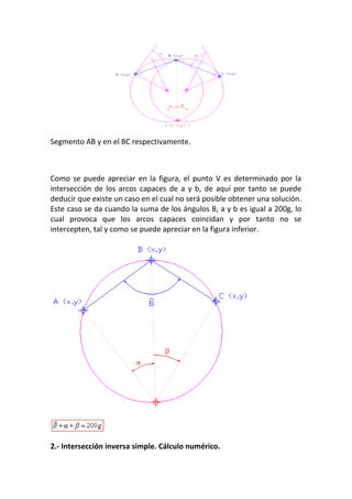 Segmento AB y en el BC respectivamente.
Como se puede apreciar en la figura, el punto V es determinado por la
intersección de los arcos capaces de a y b, de aquí por tanto se puede
deducir que existe un caso en el cual no será posible obtener una solución.
Este caso se da cuando la suma de los ángulos B, a y b es igual a 200g, lo
cual provoca que los arcos capaces coincidan y por tanto no se
intercepten, tal y como se puede apreciar en la figura inferior.
2.- Intersección inversa simple. Cálculo numérico.
 