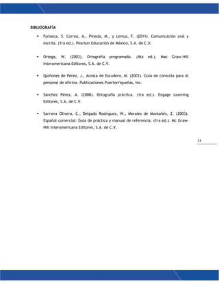 14
BIBLIOGRAFÍA
 Fonseca, S. Correa, A., Pineda, M., y Lemus, F. (2011). Comunicación oral y
escrita. (1ra ed.). Pearson Educación de México, S.A. de C.V.
 Ortega, W. (2003). Ortografía programada. (4ta ed.). Mac Graw-Hill
Interamericana Editores, S.A. de C.V.
 Quiñones de Pérez, J., Acosta de Escudero, M. (2001). Guía de consulta para el
personal de oficina. Publicaciones Puertorriqueñas, Inc.
 Sánchez Pérez, A. (2008). Ortografía práctica. (1ra ed.). Engage Learning
Editores, S.A. de C.V.
 Sarriera Olivera, C., Delgado Rodríguez, W., Morales de Montañés, Z. (2003).
Español comercial: Guía de práctica y manual de referencia. (1ra ed.). Mc Graw-
Hill Interamericana Editores, S.A. de C.V.
 
