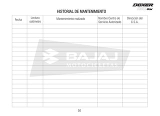 HISTORIAL DE MANTENIMIENTO
Fecha
Lectura
odómetro
Mantenimiento realizado Nombre Centro de
Servicio Autorizado
Dirección del
C.S.A.
50
 