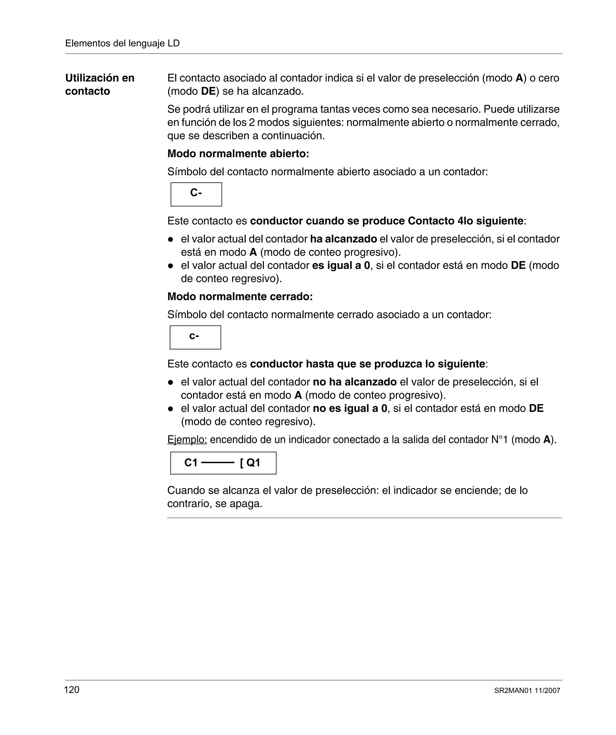 Elementos del lenguaje LD
120 SR2MAN01 11/2007
Utilización en
contacto
El contacto asociado al contador indica si el valor de preselección (modo A) o cero
(modo DE) se ha alcanzado.
Se podrá utilizar en el programa tantas veces como sea necesario. Puede utilizarse
en función de los 2 modos siguientes: normalmente abierto o normalmente cerrado,
que se describen a continuación.
Modo normalmente abierto:
Símbolo del contacto normalmente abierto asociado a un contador:
Este contacto es conductor cuando se produce Contacto 4lo siguiente:
el valor actual del contador ha alcanzado el valor de preselección, si el contador
está en modo A (modo de conteo progresivo).
el valor actual del contador es igual a 0, si el contador está en modo DE (modo
de conteo regresivo).
Modo normalmente cerrado:
Símbolo del contacto normalmente cerrado asociado a un contador:
Este contacto es conductor hasta que se produzca lo siguiente:
el valor actual del contador no ha alcanzado el valor de preselección, si el
contador está en modo A (modo de conteo progresivo).
el valor actual del contador no es igual a 0, si el contador está en modo DE
(modo de conteo regresivo).
Ejemplo: encendido de un indicador conectado a la salida del contador N°1 (modo A).
Cuando se alcanza el valor de preselección: el indicador se enciende; de lo
contrario, se apaga.
C-
c-
C1 [ Q1
 
