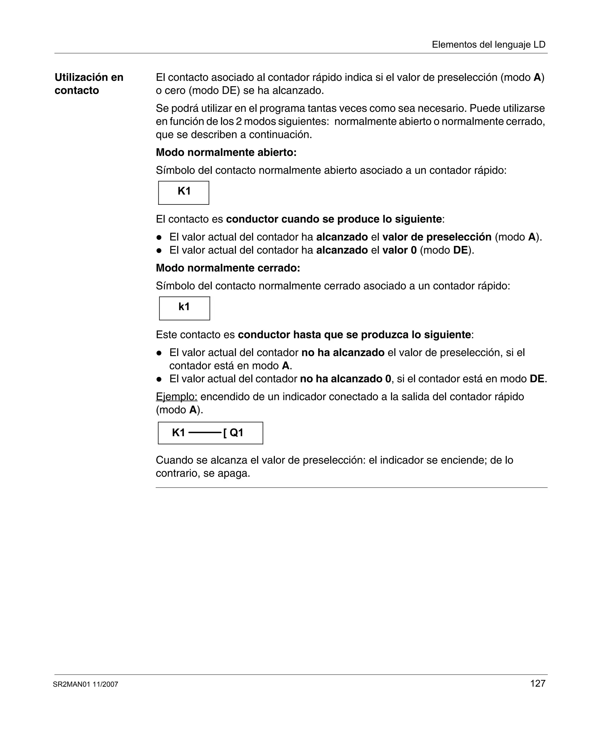 Elementos del lenguaje LD
SR2MAN01 11/2007 127
Utilización en
contacto
El contacto asociado al contador rápido indica si el valor de preselección (modo A)
o cero (modo DE) se ha alcanzado.
Se podrá utilizar en el programa tantas veces como sea necesario. Puede utilizarse
en función de los 2 modos siguientes: normalmente abierto o normalmente cerrado,
que se describen a continuación.
Modo normalmente abierto:
Símbolo del contacto normalmente abierto asociado a un contador rápido:
El contacto es conductor cuando se produce lo siguiente:
El valor actual del contador ha alcanzado el valor de preselección (modo A).
El valor actual del contador ha alcanzado el valor 0 (modo DE).
Modo normalmente cerrado:
Símbolo del contacto normalmente cerrado asociado a un contador rápido:
Este contacto es conductor hasta que se produzca lo siguiente:
El valor actual del contador no ha alcanzado el valor de preselección, si el
contador está en modo A.
El valor actual del contador no ha alcanzado 0, si el contador está en modo DE.
Ejemplo: encendido de un indicador conectado a la salida del contador rápido
(modo A).
Cuando se alcanza el valor de preselección: el indicador se enciende; de lo
contrario, se apaga.
K1
k1
K1 [ Q1
 