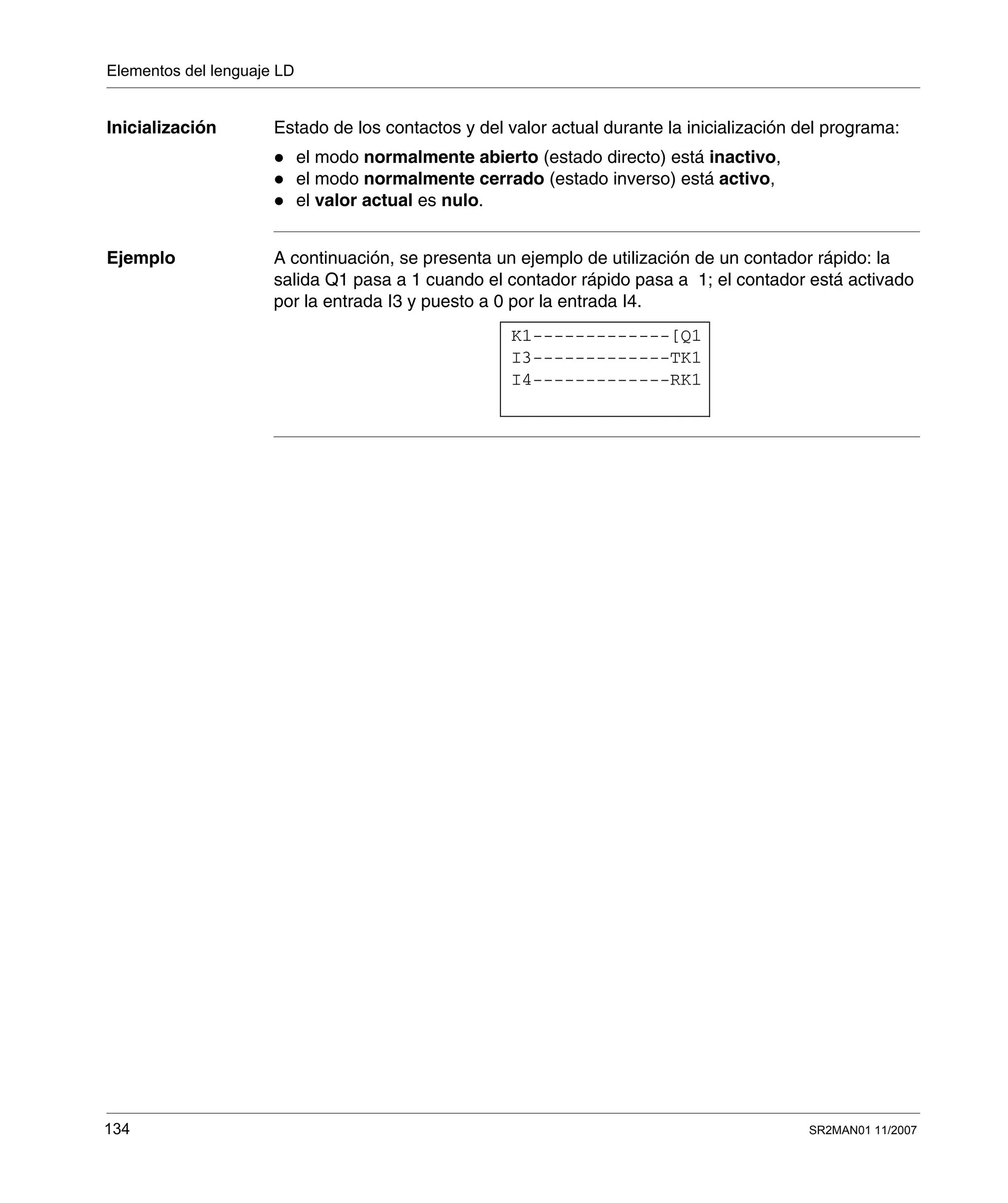 Elementos del lenguaje LD
134 SR2MAN01 11/2007
Inicialización Estado de los contactos y del valor actual durante la inicialización del programa:
el modo normalmente abierto (estado directo) está inactivo,
el modo normalmente cerrado (estado inverso) está activo,
el valor actual es nulo.
Ejemplo A continuación, se presenta un ejemplo de utilización de un contador rápido: la
salida Q1 pasa a 1 cuando el contador rápido pasa a 1; el contador está activado
por la entrada I3 y puesto a 0 por la entrada I4.
K1-------------[Q1
I4-------------RK1
I3-------------TK1
 