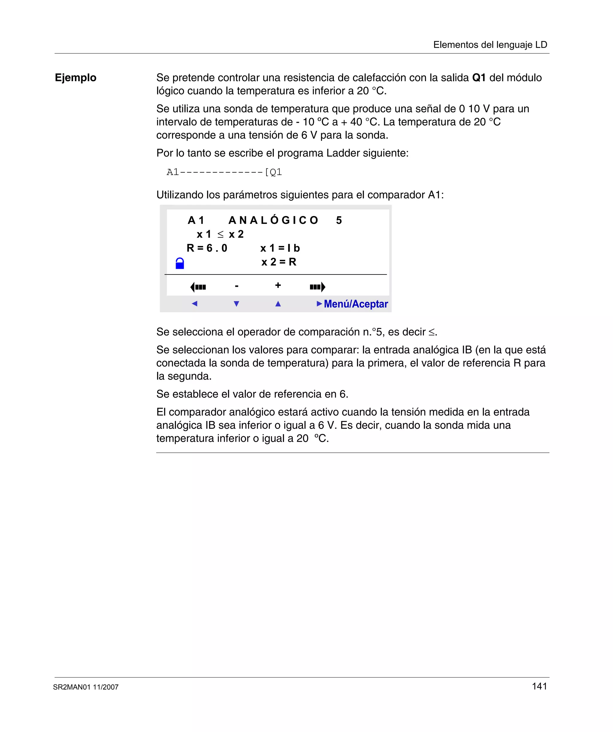 Elementos del lenguaje LD
SR2MAN01 11/2007 141
Ejemplo Se pretende controlar una resistencia de calefacción con la salida Q1 del módulo
lógico cuando la temperatura es inferior a 20 °C.
Se utiliza una sonda de temperatura que produce una señal de 0 10 V para un
intervalo de temperaturas de - 10 ºC a + 40 °C. La temperatura de 20 °C
corresponde a una tensión de 6 V para la sonda.
Por lo tanto se escribe el programa Ladder siguiente:
Utilizando los parámetros siguientes para el comparador A1:
Se selecciona el operador de comparación n.°5, es decir ≤.
Se seleccionan los valores para comparar: la entrada analógica IB (en la que está
conectada la sonda de temperatura) para la primera, el valor de referencia R para
la segunda.
Se establece el valor de referencia en 6.
El comparador analógico estará activo cuando la tensión medida en la entrada
analógica IB sea inferior o igual a 6 V. Es decir, cuando la sonda mida una
temperatura inferior o igual a 20 ºC.
A1-------------[Q1
Menú/Aceptar
- +
A 1 A N A L Ó G I C O 5
x 1 ≤ x 2
R = 6 . 0 x 1 = I b
x 2 = R
 