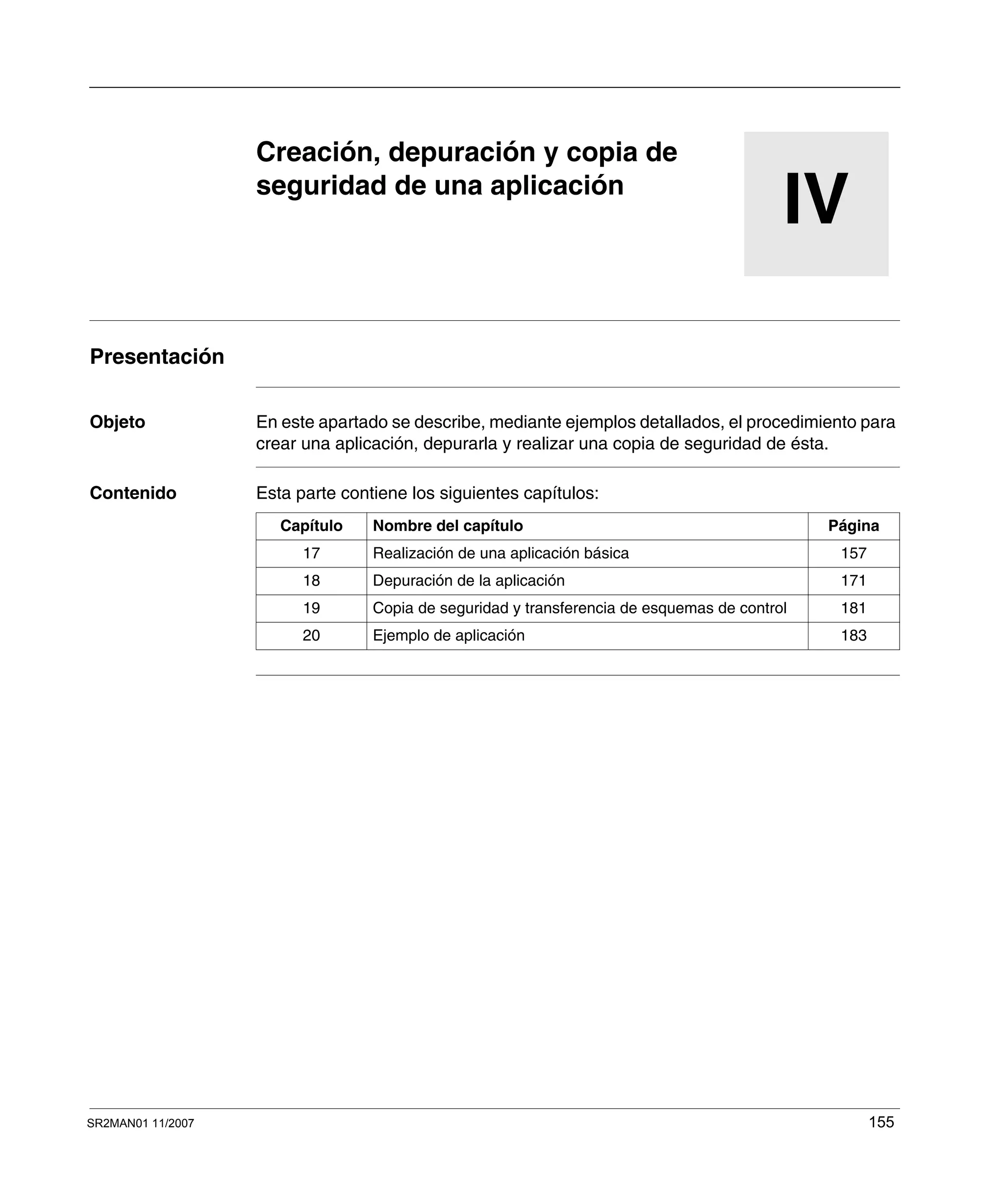SR2MAN01 11/2007 155
IV
Creación, depuración y copia de
seguridad de una aplicación
Presentación
Objeto En este apartado se describe, mediante ejemplos detallados, el procedimiento para
crear una aplicación, depurarla y realizar una copia de seguridad de ésta.
Contenido Esta parte contiene los siguientes capítulos:
Capítulo Nombre del capítulo Página
17 Realización de una aplicación básica 157
18 Depuración de la aplicación 171
19 Copia de seguridad y transferencia de esquemas de control 181
20 Ejemplo de aplicación 183
 