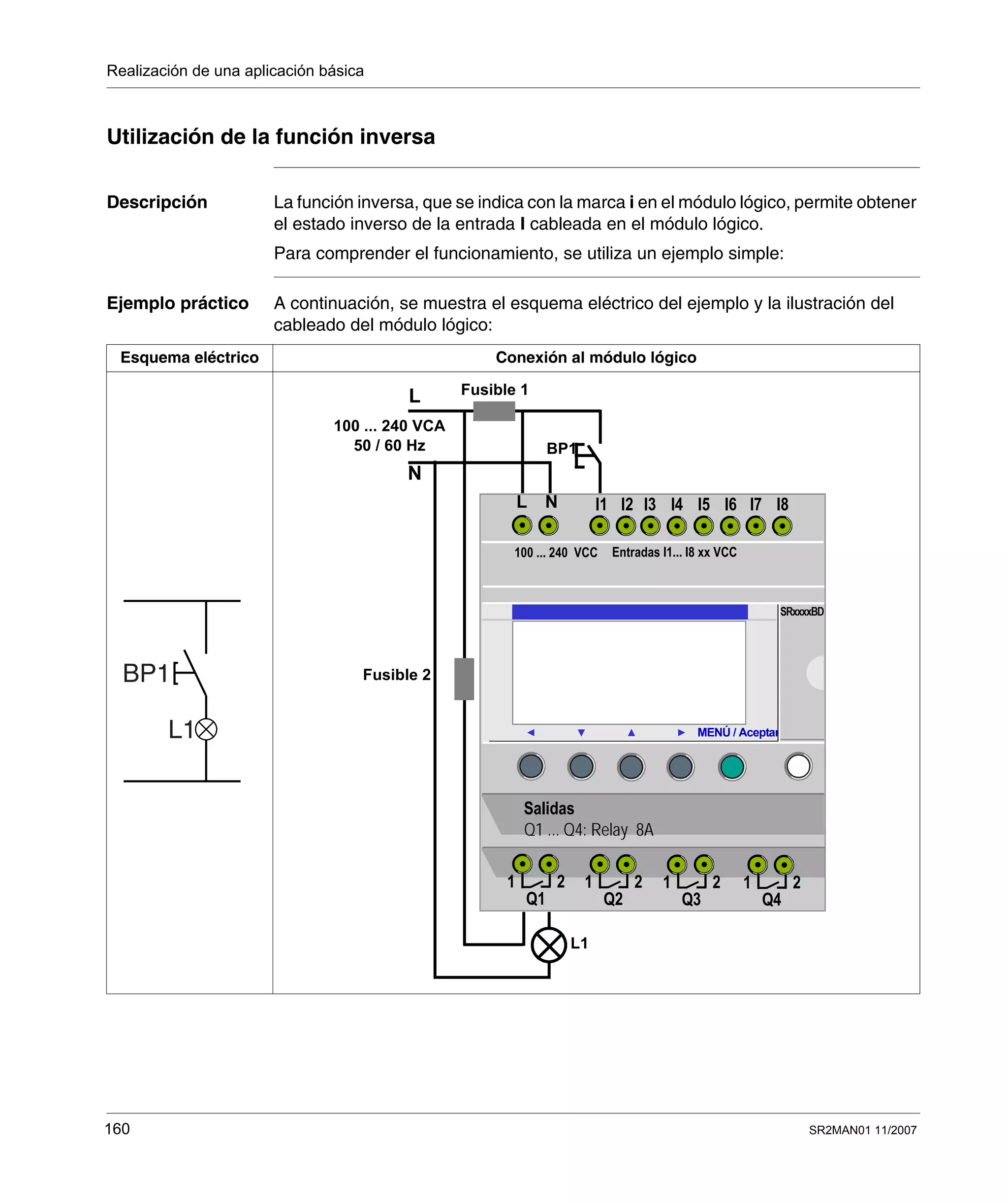 Realización de una aplicación básica
160 SR2MAN01 11/2007
Utilización de la función inversa
Descripción La función inversa, que se indica con la marca i en el módulo lógico, permite obtener
el estado inverso de la entrada I cableada en el módulo lógico.
Para comprender el funcionamiento, se utiliza un ejemplo simple:
Ejemplo práctico A continuación, se muestra el esquema eléctrico del ejemplo y la ilustración del
cableado del módulo lógico:
Esquema eléctrico Conexión al módulo lógico
L
N
Fusible 1
100 ... 240 VCA
50 / 60 Hz BP1
Fusible 2
L1
MENÚ / Aceptar
I2I1 I4I3 I6I5
SRxxxxBD
Salidas
Q1 ... Q4: Relay 8A
1 2
Q1
1 2
Q2
1 2
Q3
1 2
Q4
NL I8I7
100 ... 240 VCC Entradas I1... I8 xx VCC
 