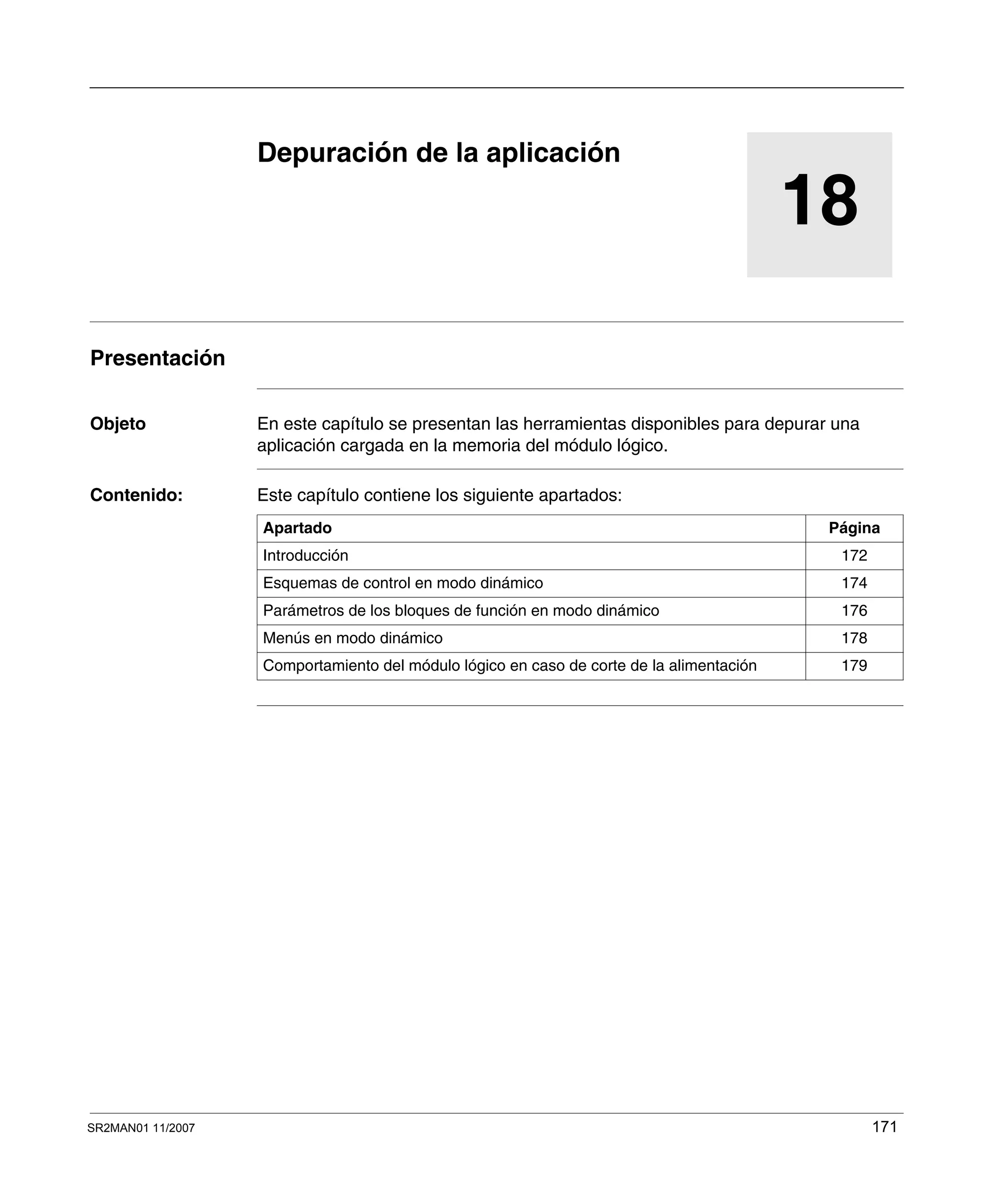 SR2MAN01 11/2007 171
18
Depuración de la aplicación
Presentación
Objeto En este capítulo se presentan las herramientas disponibles para depurar una
aplicación cargada en la memoria del módulo lógico.
Contenido: Este capítulo contiene los siguiente apartados:
Apartado Página
Introducción 172
Esquemas de control en modo dinámico 174
Parámetros de los bloques de función en modo dinámico 176
Menús en modo dinámico 178
Comportamiento del módulo lógico en caso de corte de la alimentación 179
 